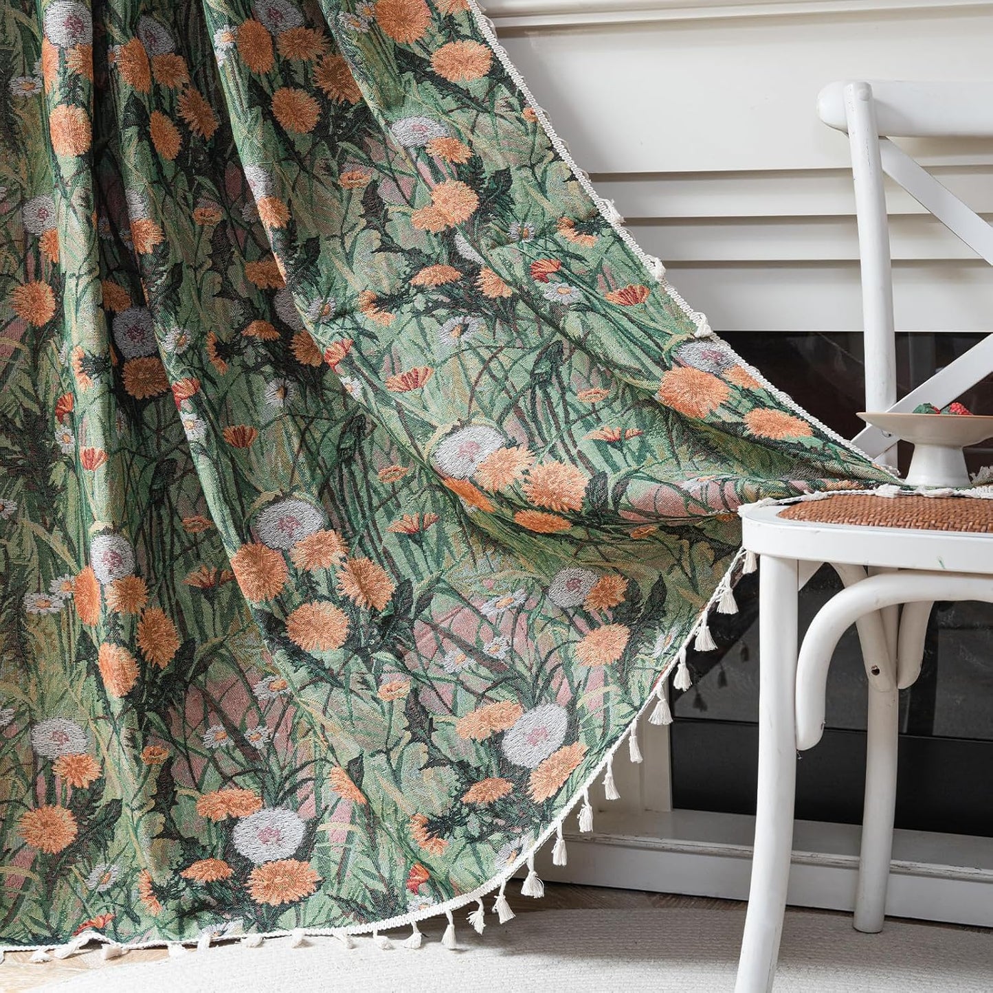 ENJOYBRIDAL Floral Curtains 84 Inch Length 2 Panels Vintage Flower Patterned Drapes Boho Semi Sheer Tassel Rustic Country Rod Pocket Botanical Farmhouse Window Curtain Panels for Bedroom Living Room