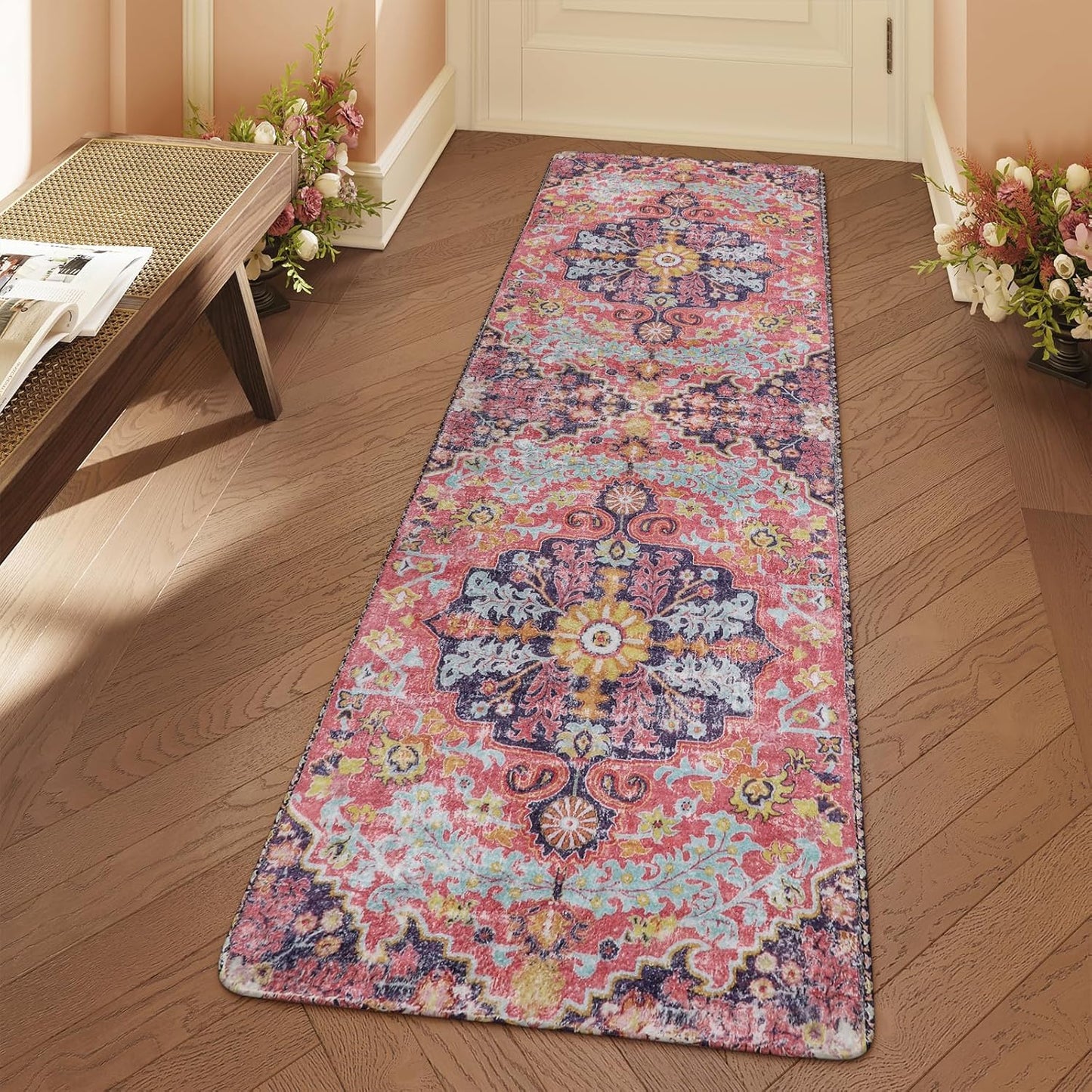 Lahome Bohemian Floral Medallion Round Rug - 4Ft Soft Bedroom Area Rug Oriental Distressed Washable Entryway Foyer Throw Mat Non-Slip Door Carpet for Dining Living Room Bedside Nursery, Orange/Multi