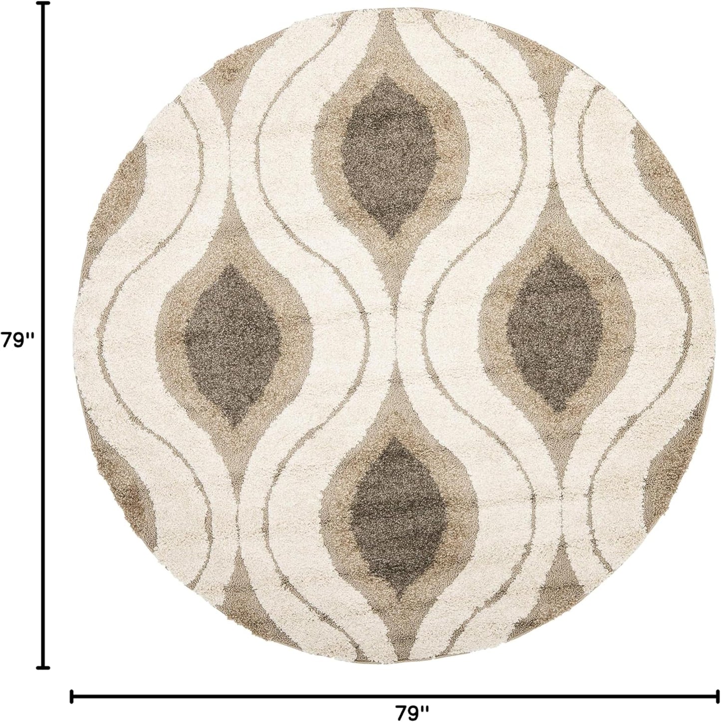 SAFAVIEH Florida Shag Collection Area Rug - 6'7" Round, Cream & Smoke, Modern Ogee Design, Non-Shedding & Easy Care, 1.2-inch Thick Ideal for High Traffic Areas in Living Room, Bedroom (SG461-1179)
