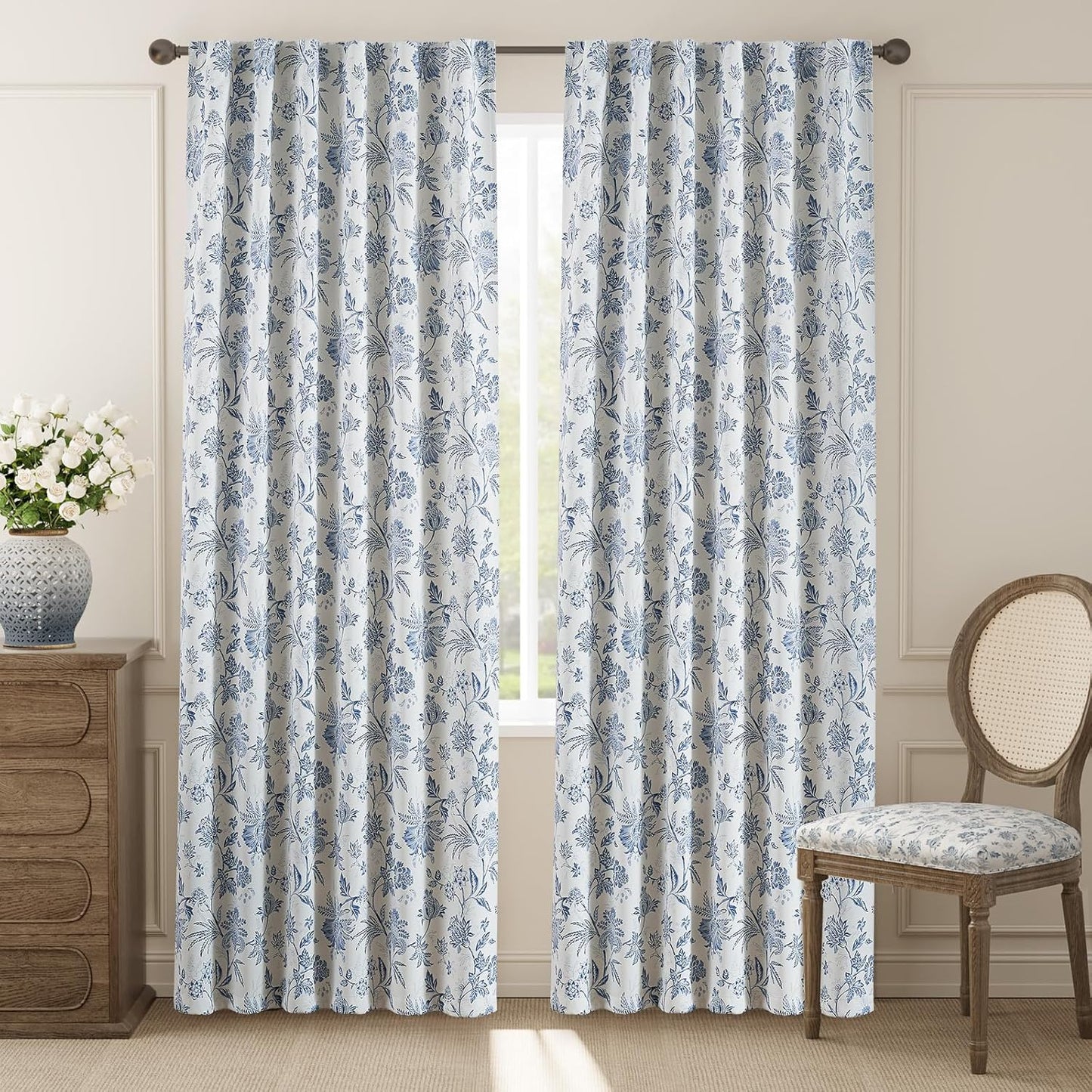 jinchan Blackout Floral Curtains for Bedroom, 96 Inches Long Printed Flower Black Out Curtains, French Country Back Tab Sage Green Window Treatment Farmhouse Drapes Set 2 Panels Green