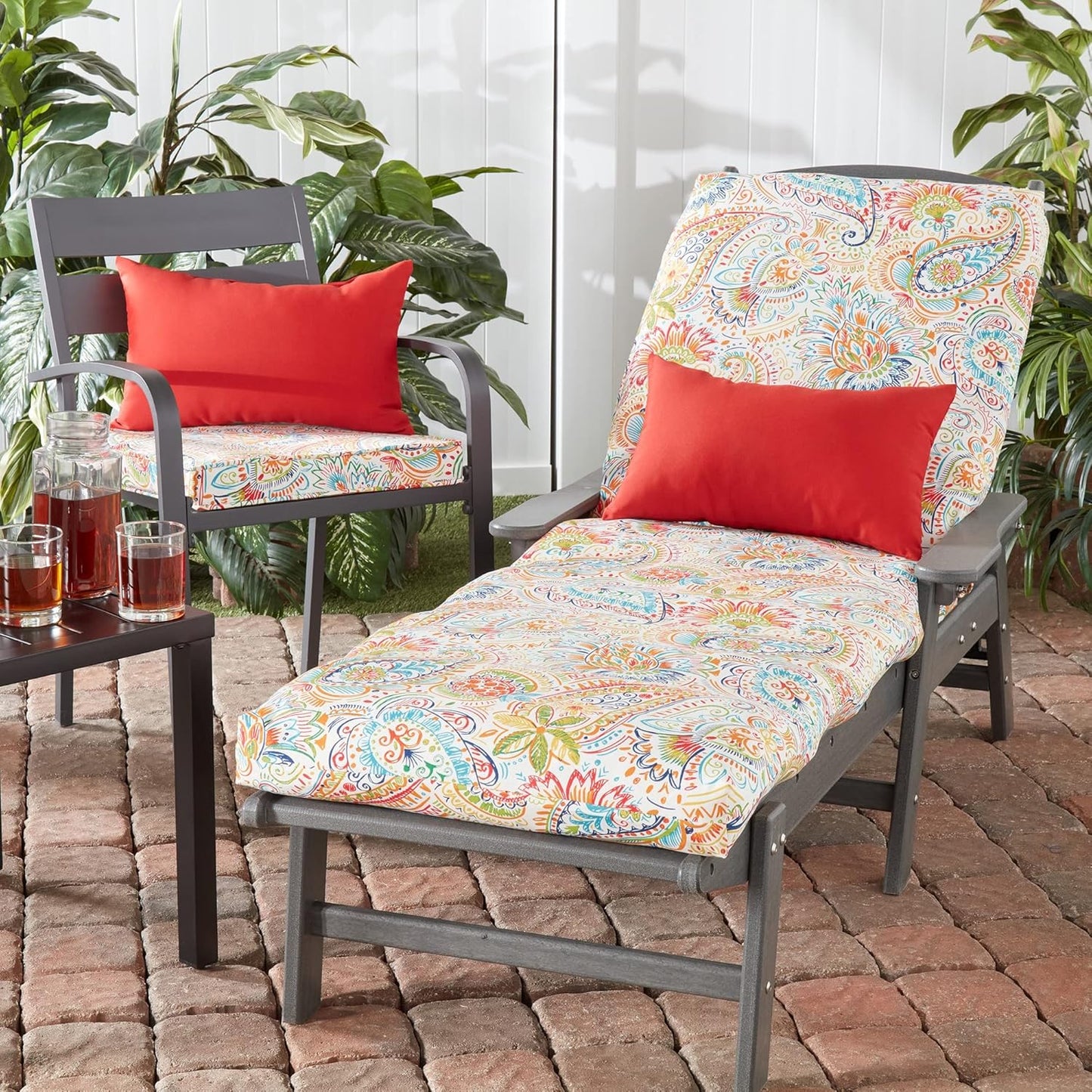 South Pine Porch Outdoor Reversible Chaise Lounge Chair Cushion with String Ties, Jamboree Paisley