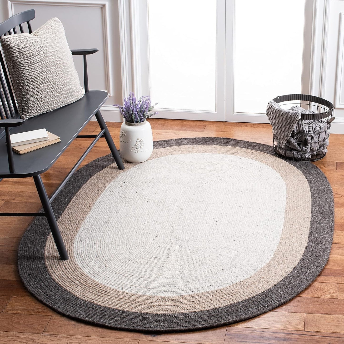 SAFAVIEH Braided Collection 7' Round Beige/Ivory BRD903B Handmade Country Cottage Reversible Wool Entryway Foyer Living Room Bedroom Kitchen Area Rug