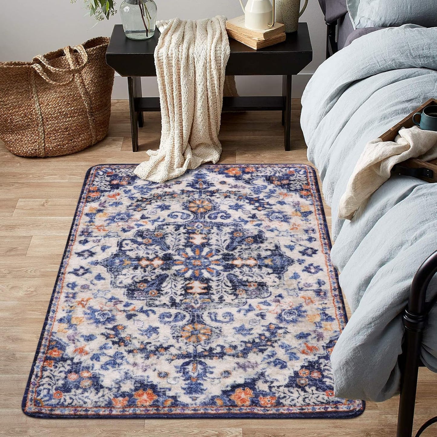 Lahome Bohemian Floral Medallion Round Rug - 4Ft Soft Bedroom Area Rug Oriental Distressed Washable Entryway Foyer Throw Mat Non-Slip Door Carpet for Dining Living Room Bedside Nursery, Orange/Multi