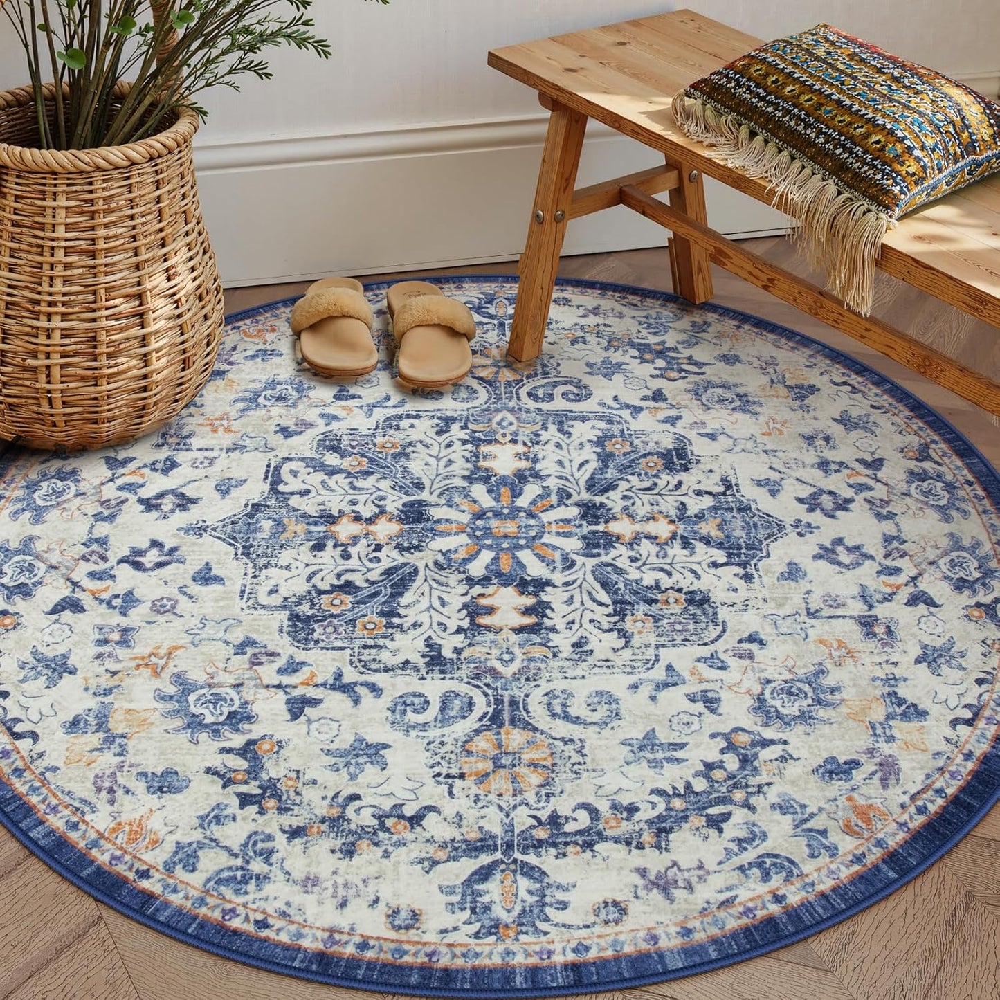 Lahome Bohemian Floral Medallion Round Rug - 4Ft Soft Bedroom Area Rug Oriental Distressed Washable Entryway Foyer Throw Mat Non-Slip Door Carpet for Dining Living Room Bedside Nursery, Orange/Multi