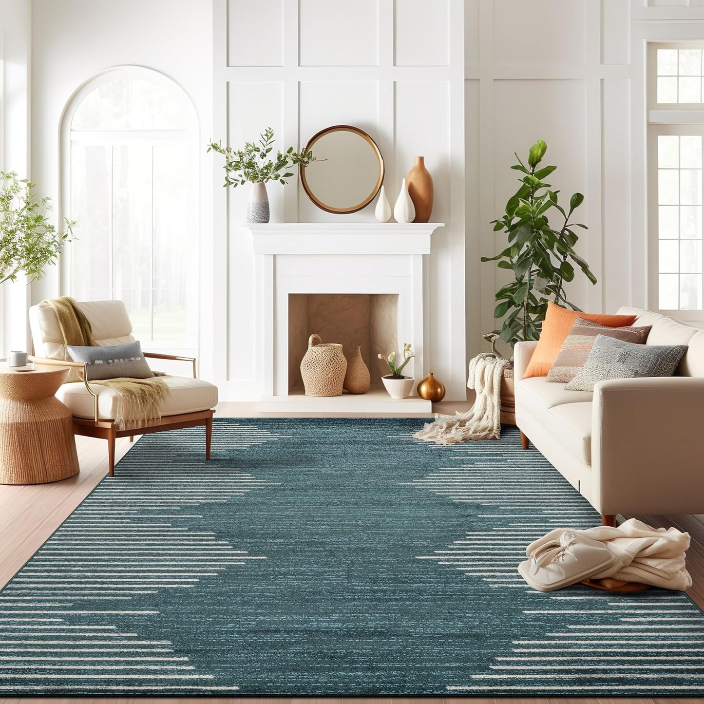 Rugshop Bohemian Stripe Stain Resistant High Traffic Living Room Kitchen Bedroom Dining Home Office Round Rug 8' Cream