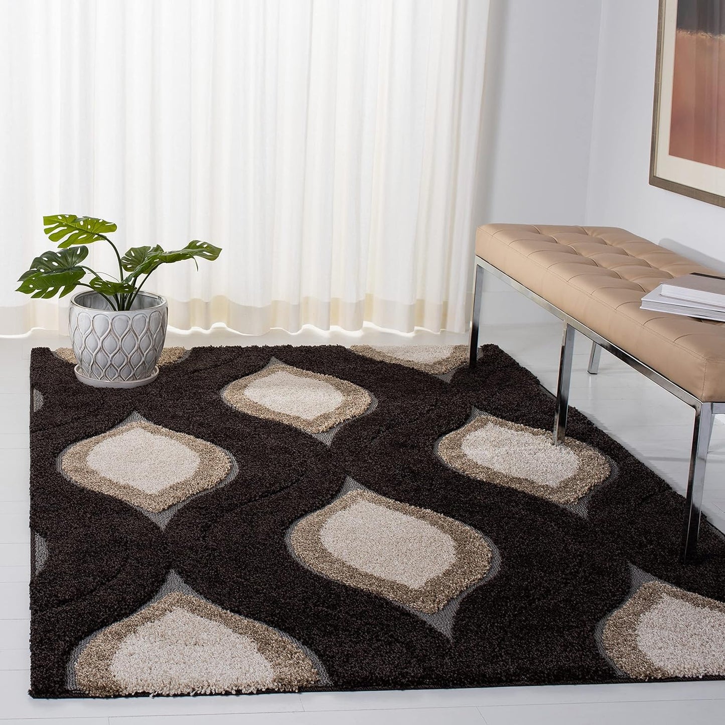 SAFAVIEH Florida Shag Collection Area Rug - 6'7" Round, Cream & Smoke, Modern Ogee Design, Non-Shedding & Easy Care, 1.2-inch Thick Ideal for High Traffic Areas in Living Room, Bedroom (SG461-1179)