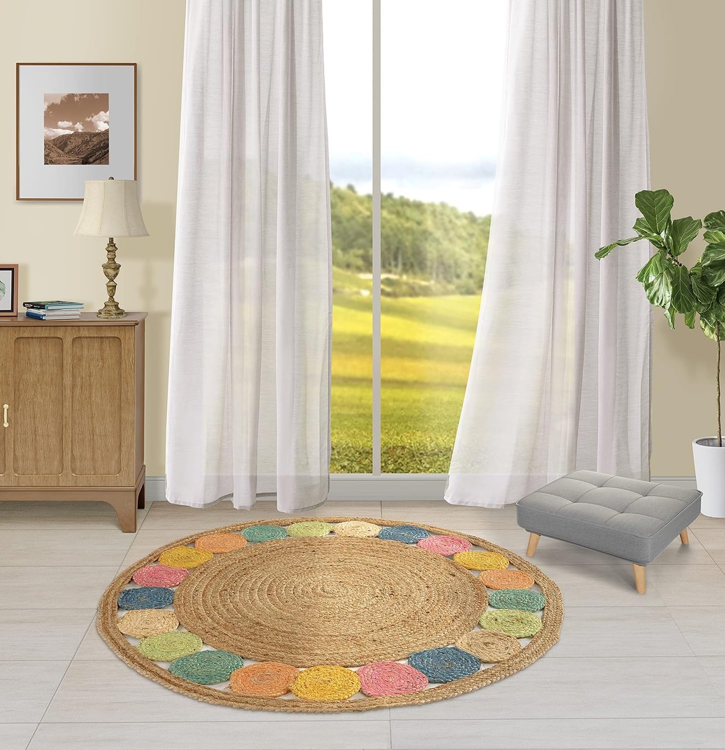 GRUHUM Round Jute Area Rug 9ft Natural Fiber Multicolour Handmade Boho Charm Farmhouse Soft Braided Rustic Vintage Rug for Indoor Kitchen Bedroom Living Room Hallways Enterways(9' feet Round)