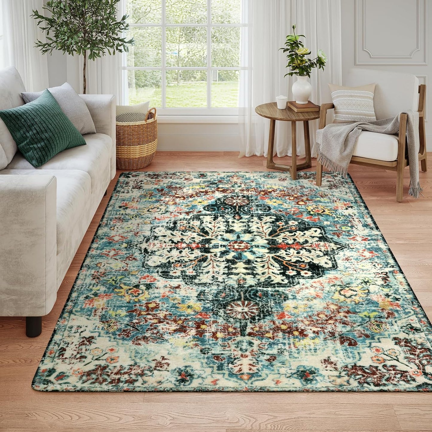Lahome Bohemian Floral Medallion Round Rug - 4Ft Soft Bedroom Area Rug Oriental Distressed Washable Entryway Foyer Throw Mat Non-Slip Door Carpet for Dining Living Room Bedside Nursery, Orange/Multi