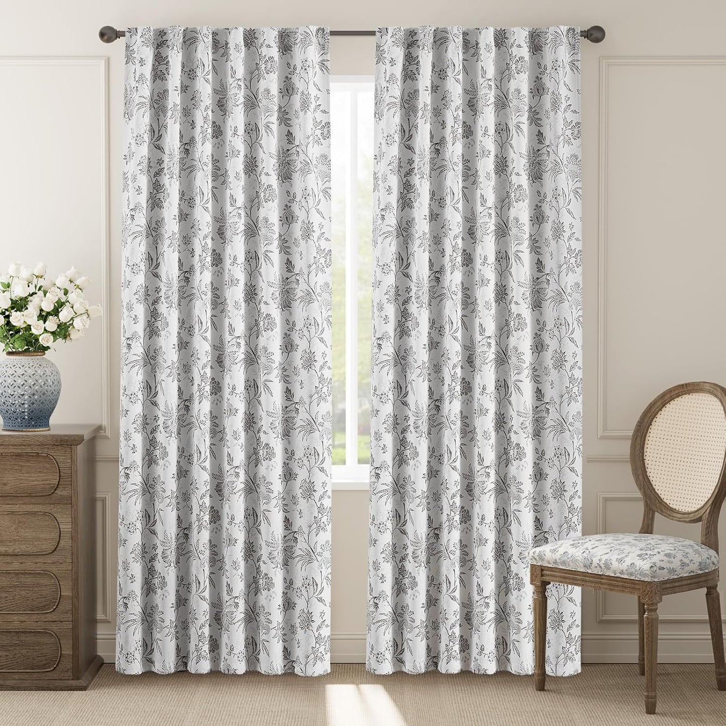 jinchan Blackout Floral Curtains for Bedroom, 96 Inches Long Printed Flower Black Out Curtains, French Country Back Tab Sage Green Window Treatment Farmhouse Drapes Set 2 Panels Green
