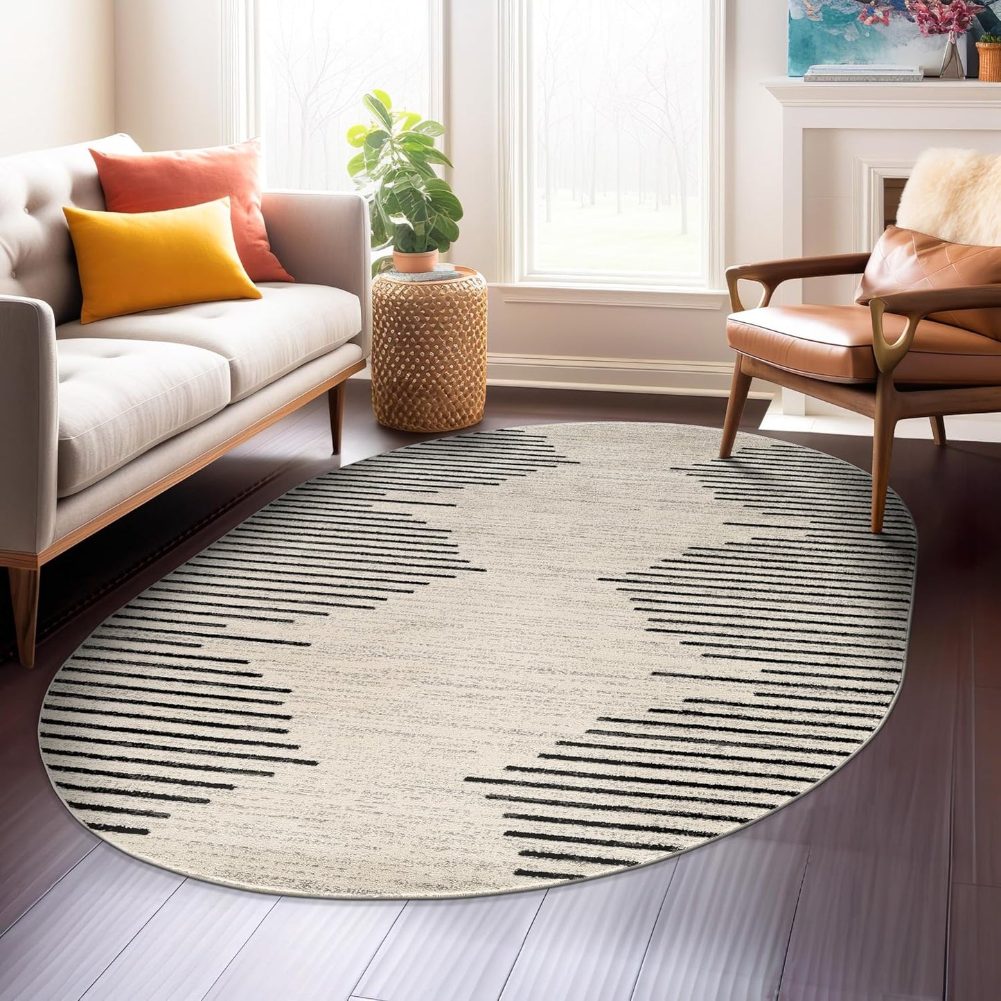 Rugshop Bohemian Stripe Stain Resistant High Traffic Living Room Kitchen Bedroom Dining Home Office Round Rug 8' Cream