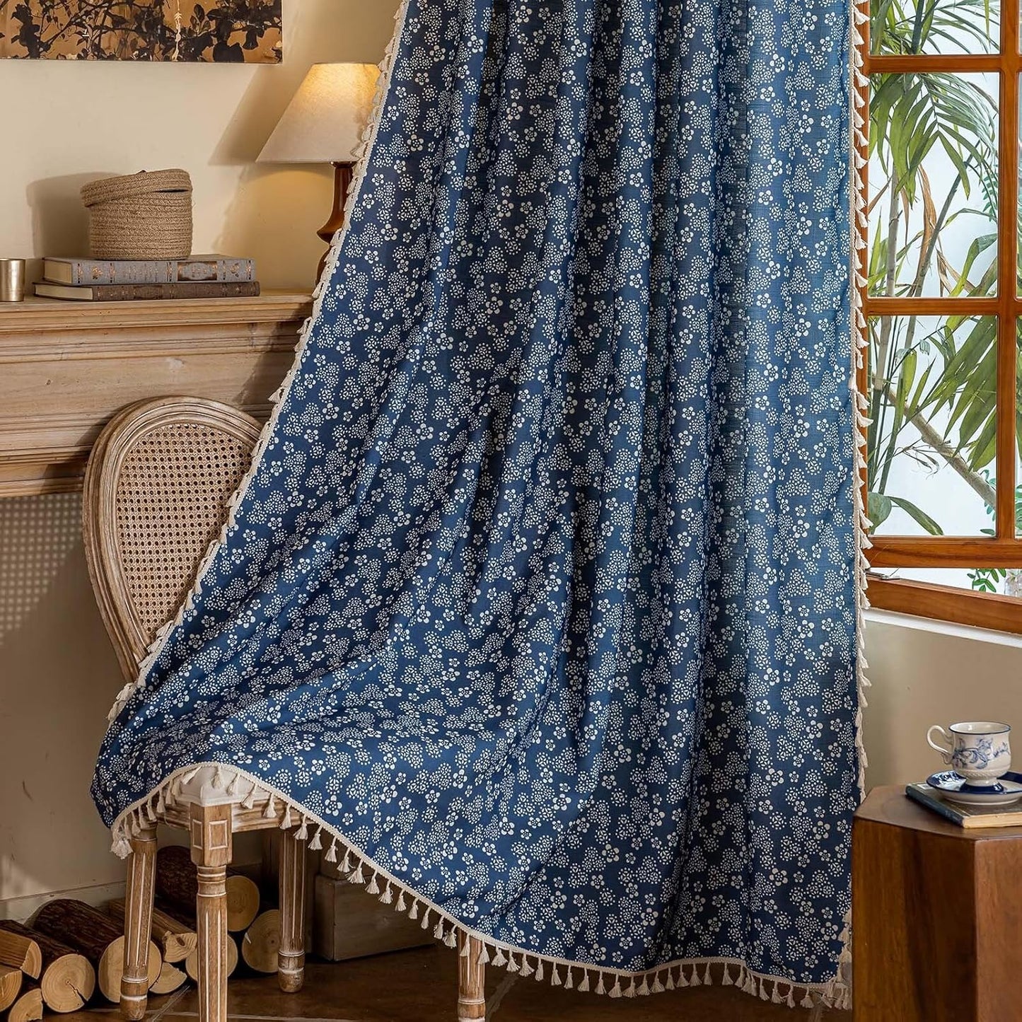 BHUSB Farmhouse Curtains for Living Room 84 Inch Length,Boho Floral Cotton Linen Window Curtains Semi-Blackout Drapes for Bedroom,Bohemian Decoration Drapes,2 Panels