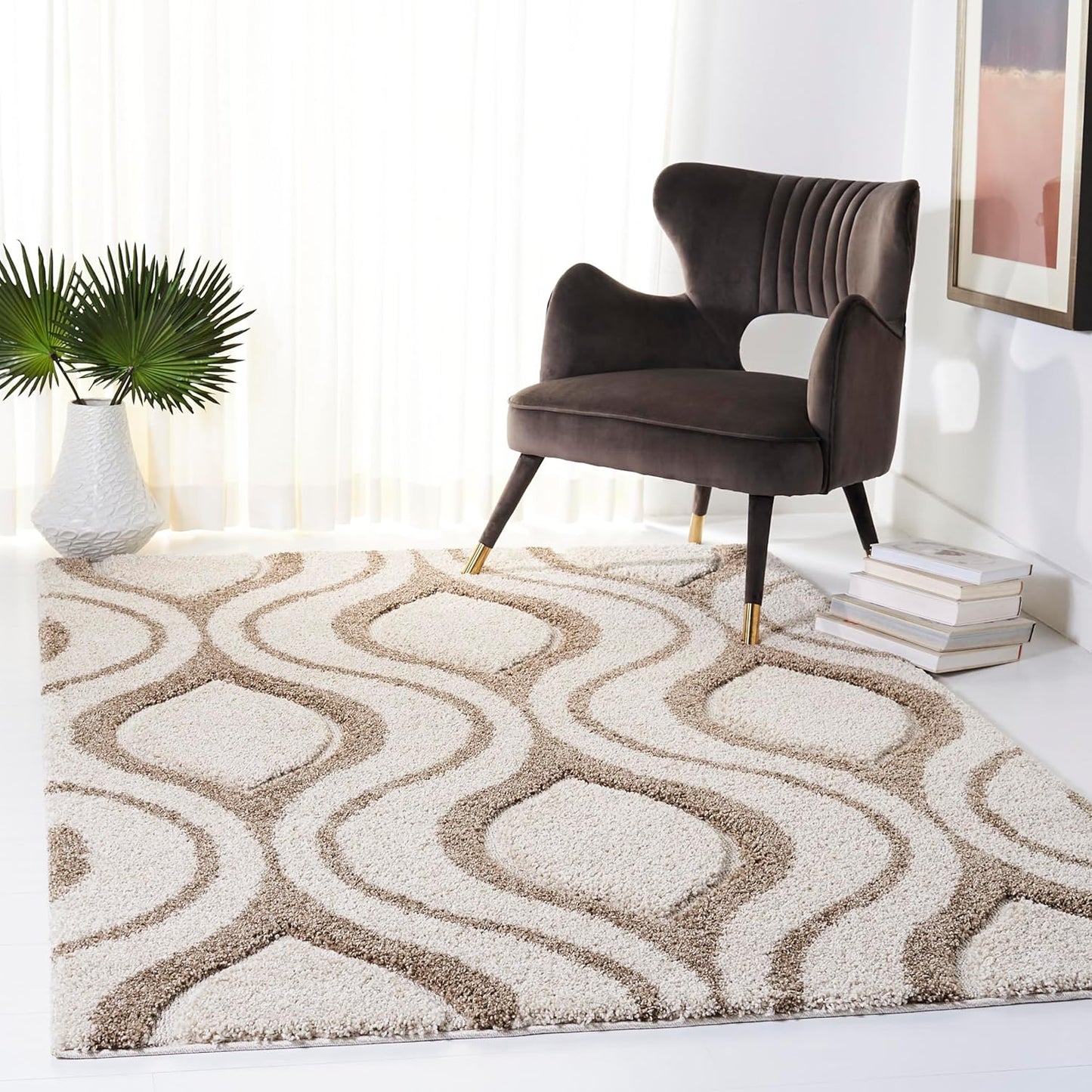 SAFAVIEH Florida Shag Collection Area Rug - 6'7" Round, Cream & Smoke, Modern Ogee Design, Non-Shedding & Easy Care, 1.2-inch Thick Ideal for High Traffic Areas in Living Room, Bedroom (SG461-1179)