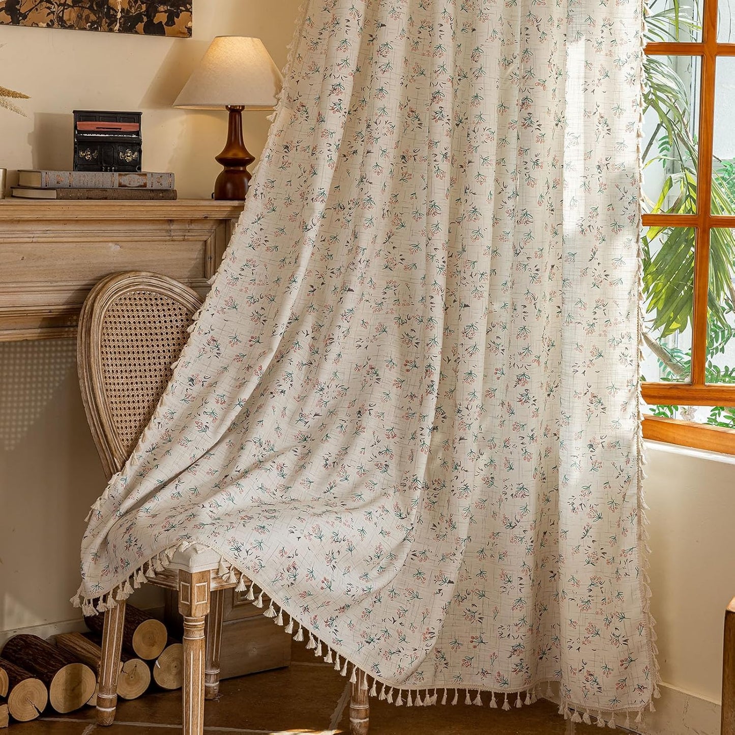 BHUSB Farmhouse Curtains for Living Room 84 Inch Length,Boho Floral Cotton Linen Window Curtains Semi-Blackout Drapes for Bedroom,Bohemian Decoration Drapes,2 Panels