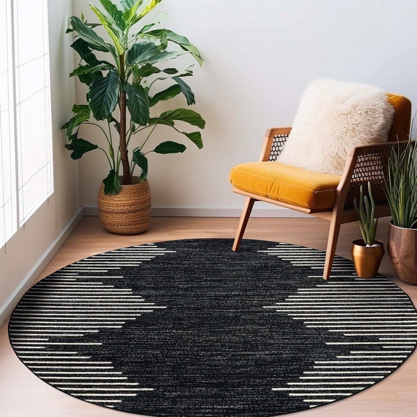Rugshop Bohemian Stripe Stain Resistant High Traffic Living Room Kitchen Bedroom Dining Home Office Round Rug 8' Cream
