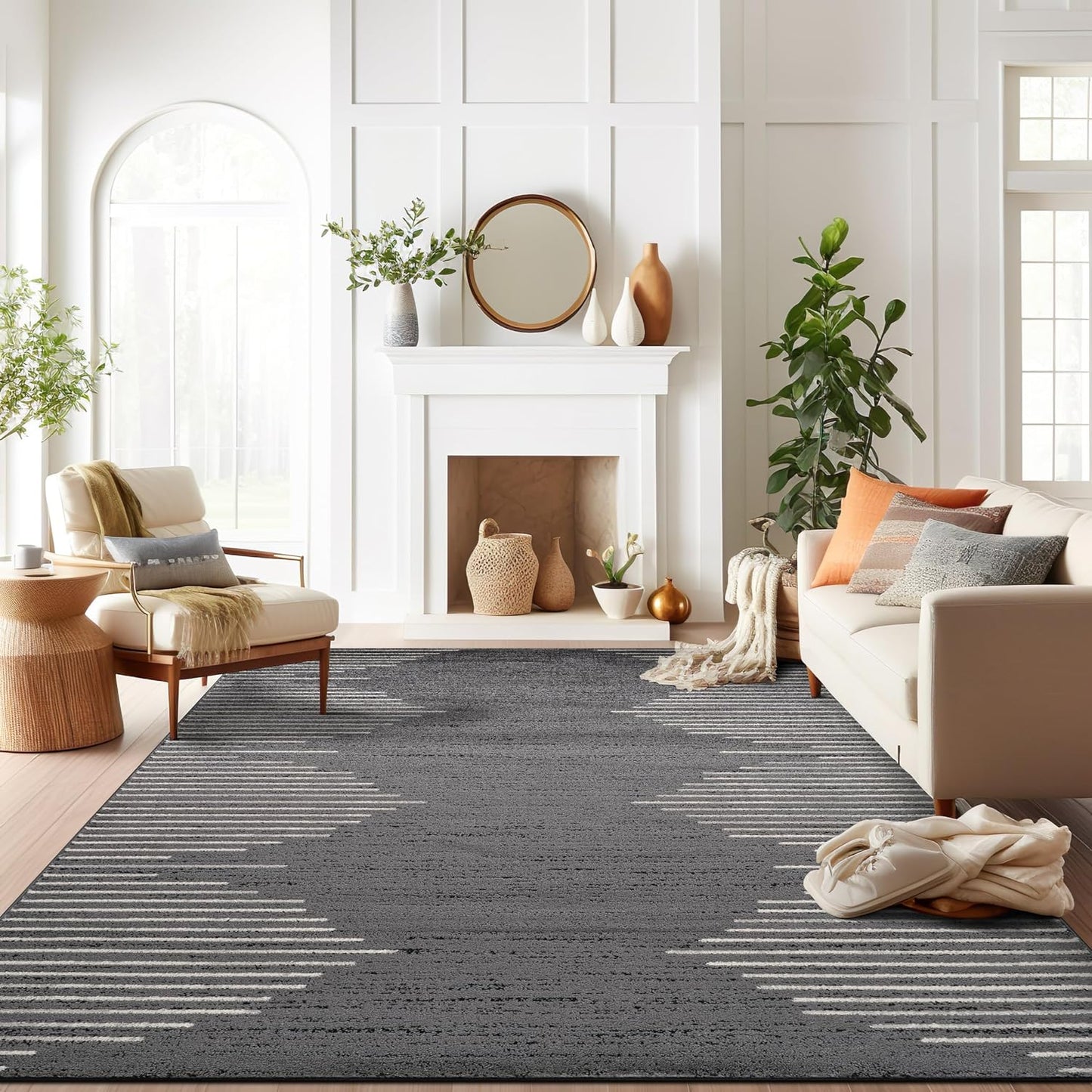 Rugshop Bohemian Stripe Stain Resistant High Traffic Living Room Kitchen Bedroom Dining Home Office Round Rug 8' Cream