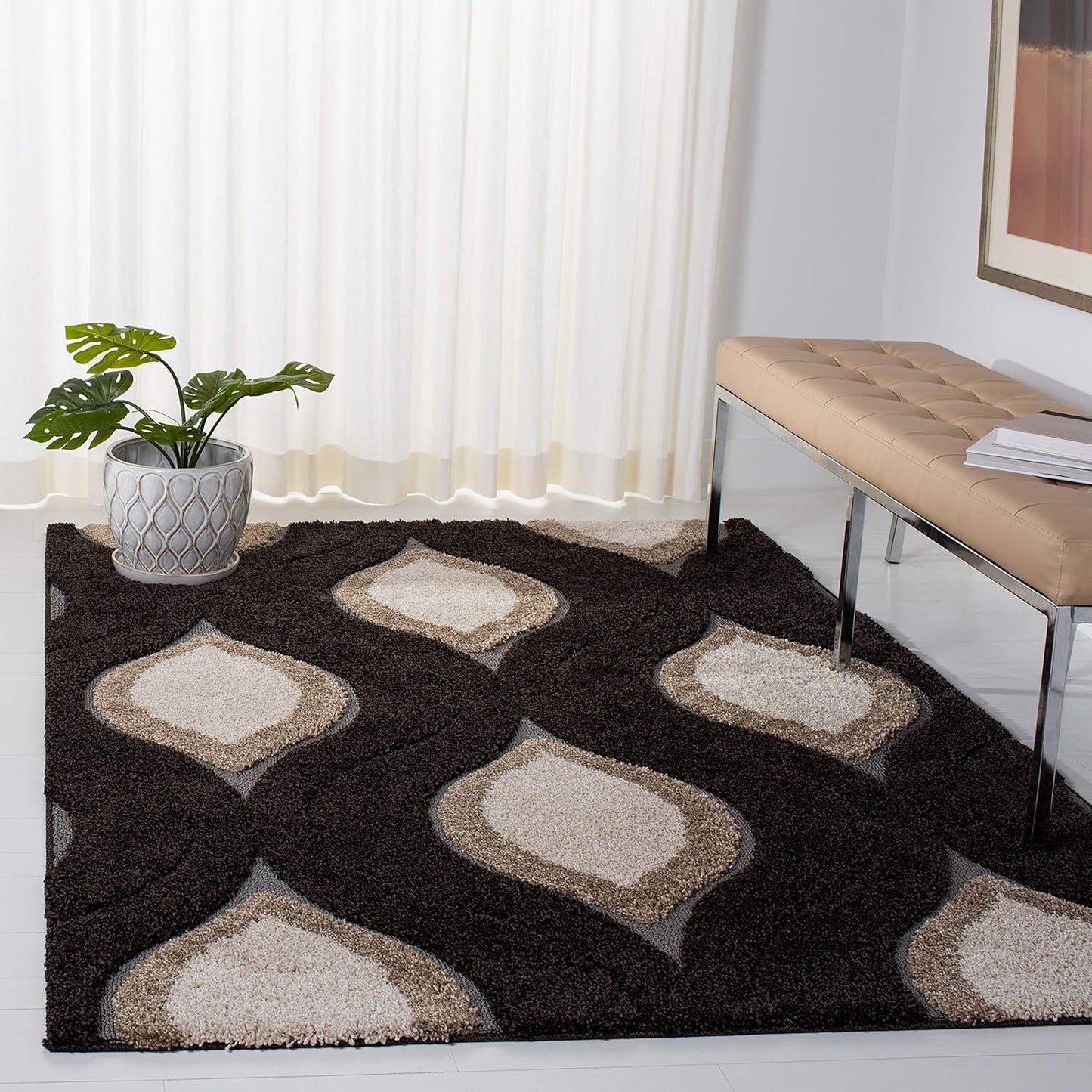 SAFAVIEH Florida Shag Collection Area Rug - 6'7" Round, Cream & Smoke, Modern Ogee Design, Non-Shedding & Easy Care, 1.2-inch Thick Ideal for High Traffic Areas in Living Room, Bedroom (SG461-1179)