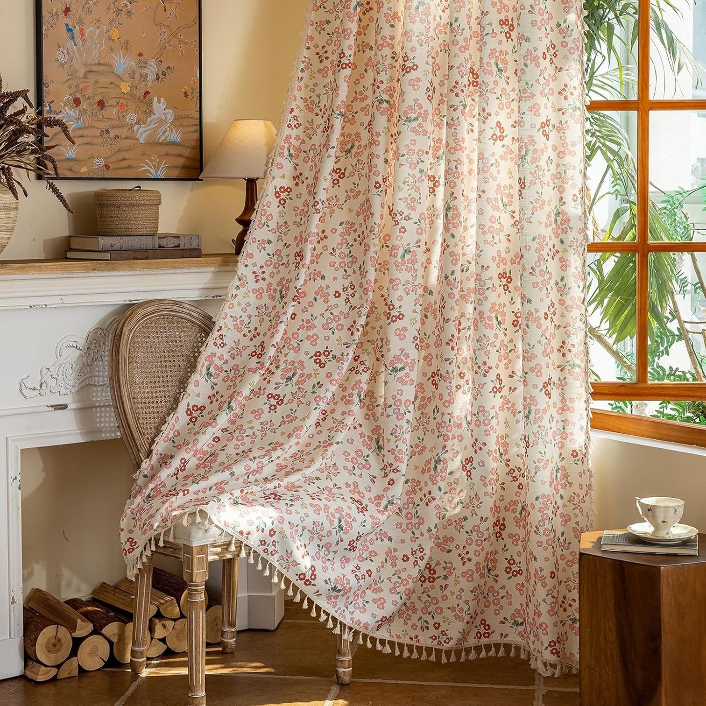 BHUSB Farmhouse Curtains for Living Room 84 Inch Length,Boho Floral Cotton Linen Window Curtains Semi-Blackout Drapes for Bedroom,Bohemian Decoration Drapes,2 Panels