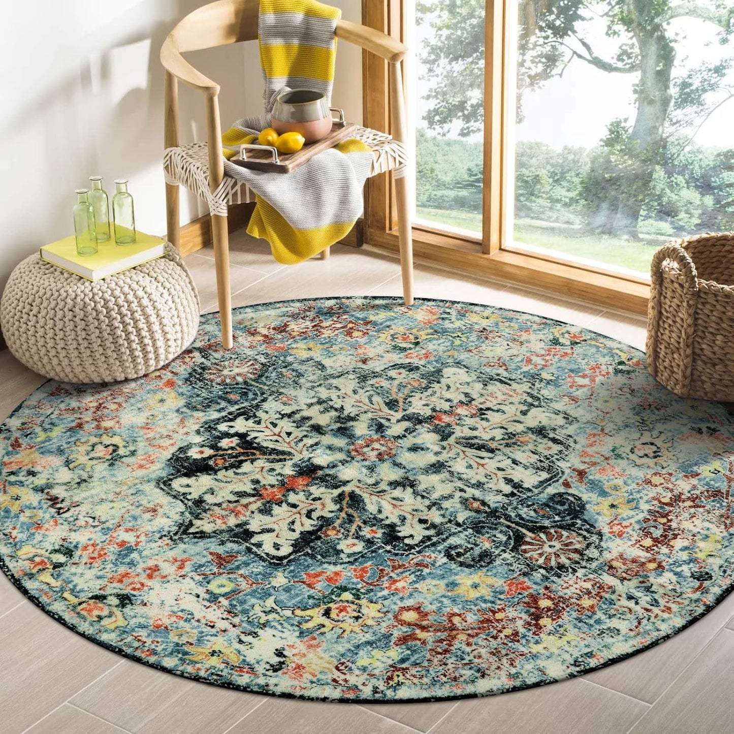 Lahome Bohemian Floral Medallion Round Rug - 4Ft Soft Bedroom Area Rug Oriental Distressed Washable Entryway Foyer Throw Mat Non-Slip Door Carpet for Dining Living Room Bedside Nursery, Orange/Multi