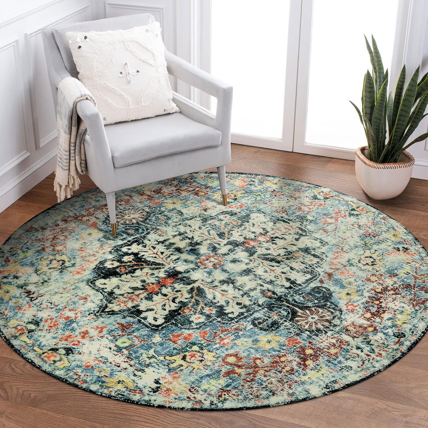 Lahome Bohemian Floral Medallion Round Rug - 4Ft Soft Bedroom Area Rug Oriental Distressed Washable Entryway Foyer Throw Mat Non-Slip Door Carpet for Dining Living Room Bedside Nursery, Orange/Multi