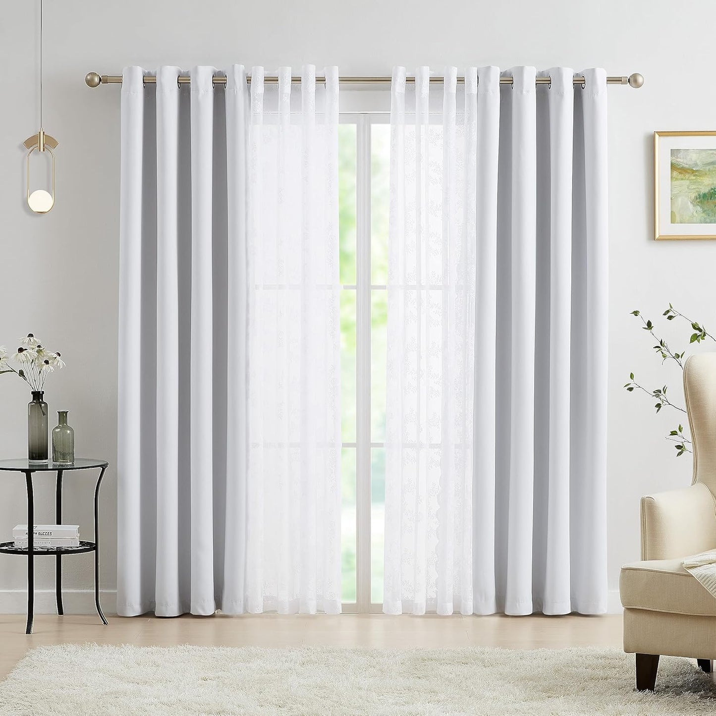 Mix and Match Curtains - Full Blackout White Drapes with Vintage Floral White Lace Panels for Bedroom 84 Inch Length Living Room Solid Thermal Insulated 4 Piece Curtain Set, Grommet Top, 52" W