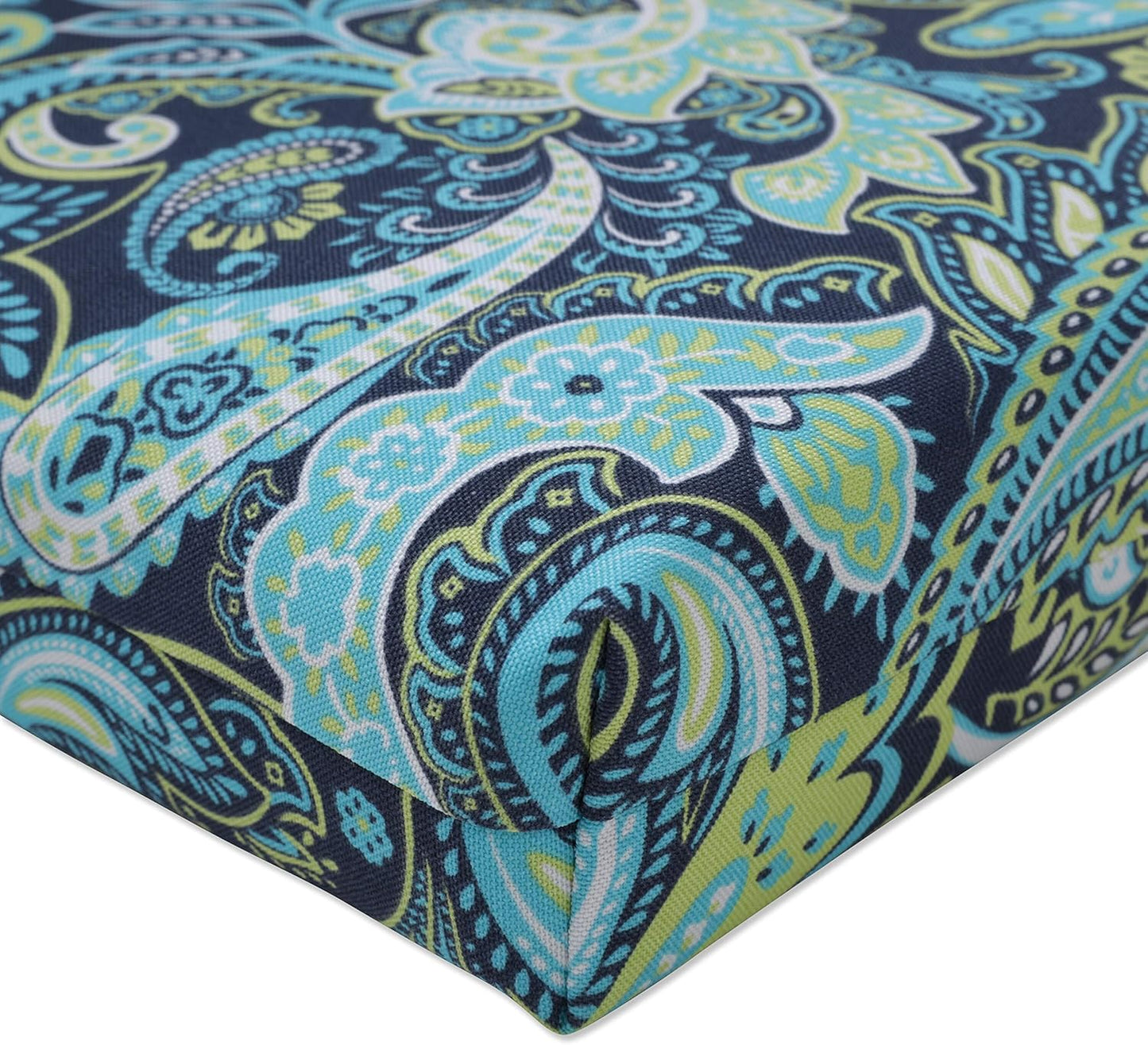 Pillow Perfect Paisley Indoor/Outdoor Solid Back 1 Piece Square Corner Chair Cushion with Ties, Deep Seat, Weather, and Fade Resistant, 36.5" x 18", Blue/Green Pretty,