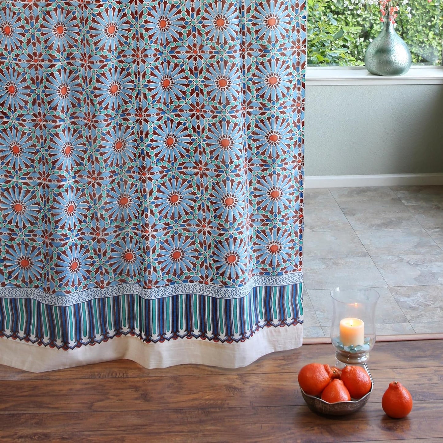 White Sheer Curtain Panel with Tieback, Ivy Lace Leaf Design Tab Top for Light Filtering & Privacy 100% Cotton Voile Hand Block Printed 44 x 84 Inches