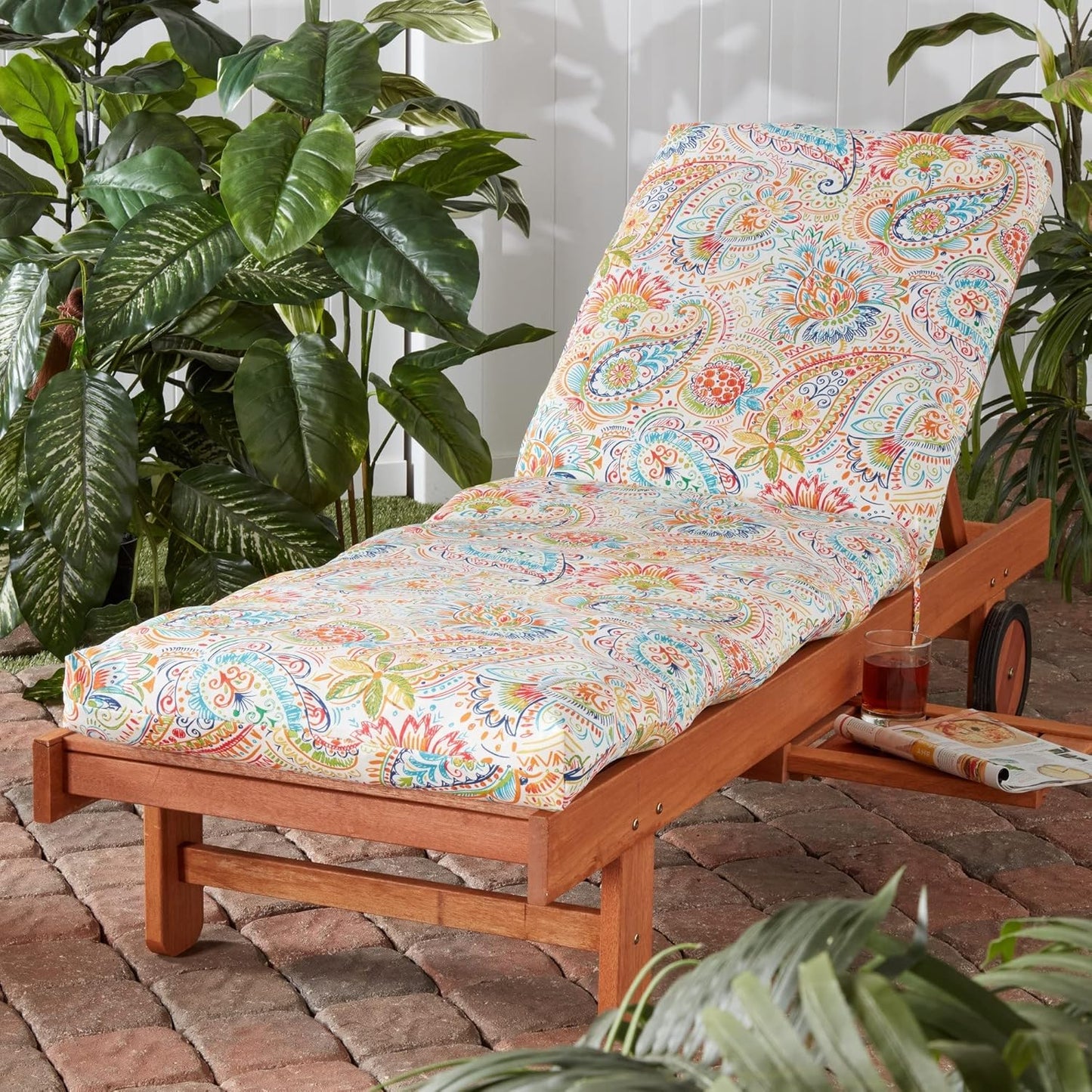 South Pine Porch Outdoor Reversible Chaise Lounge Chair Cushion with String Ties, Jamboree Paisley
