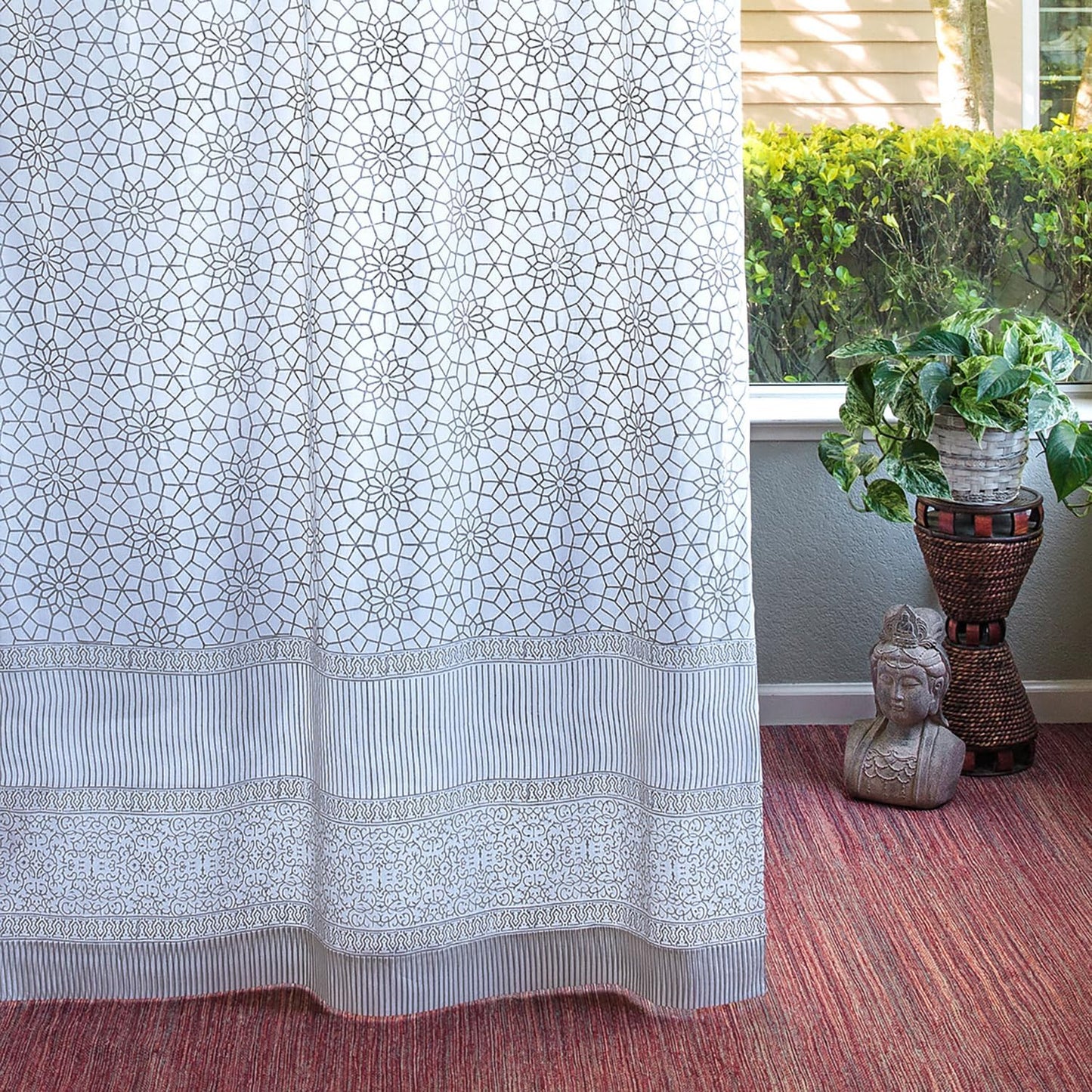 White Sheer Curtain Panel with Tieback, Ivy Lace Leaf Design Tab Top for Light Filtering & Privacy 100% Cotton Voile Hand Block Printed 44 x 84 Inches