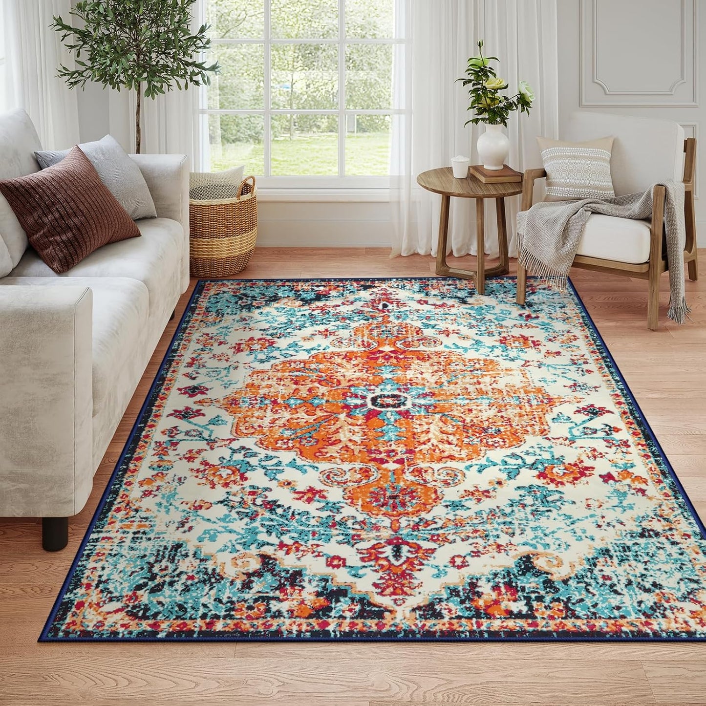 Lahome Bohemian Floral Medallion Round Rug - 4Ft Soft Bedroom Area Rug Oriental Distressed Washable Entryway Foyer Throw Mat Non-Slip Door Carpet for Dining Living Room Bedside Nursery, Orange/Multi