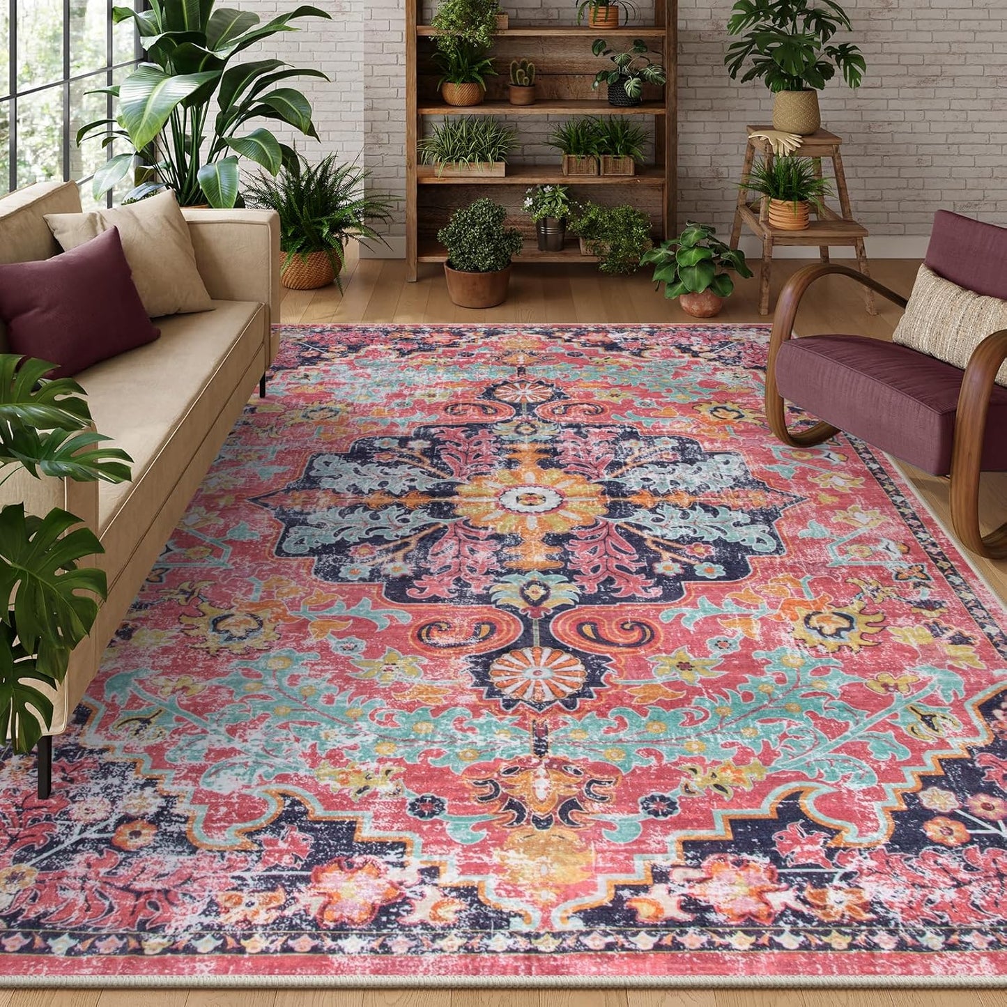 Lahome Bohemian Floral Medallion Round Rug - 4Ft Soft Bedroom Area Rug Oriental Distressed Washable Entryway Foyer Throw Mat Non-Slip Door Carpet for Dining Living Room Bedside Nursery, Orange/Multi