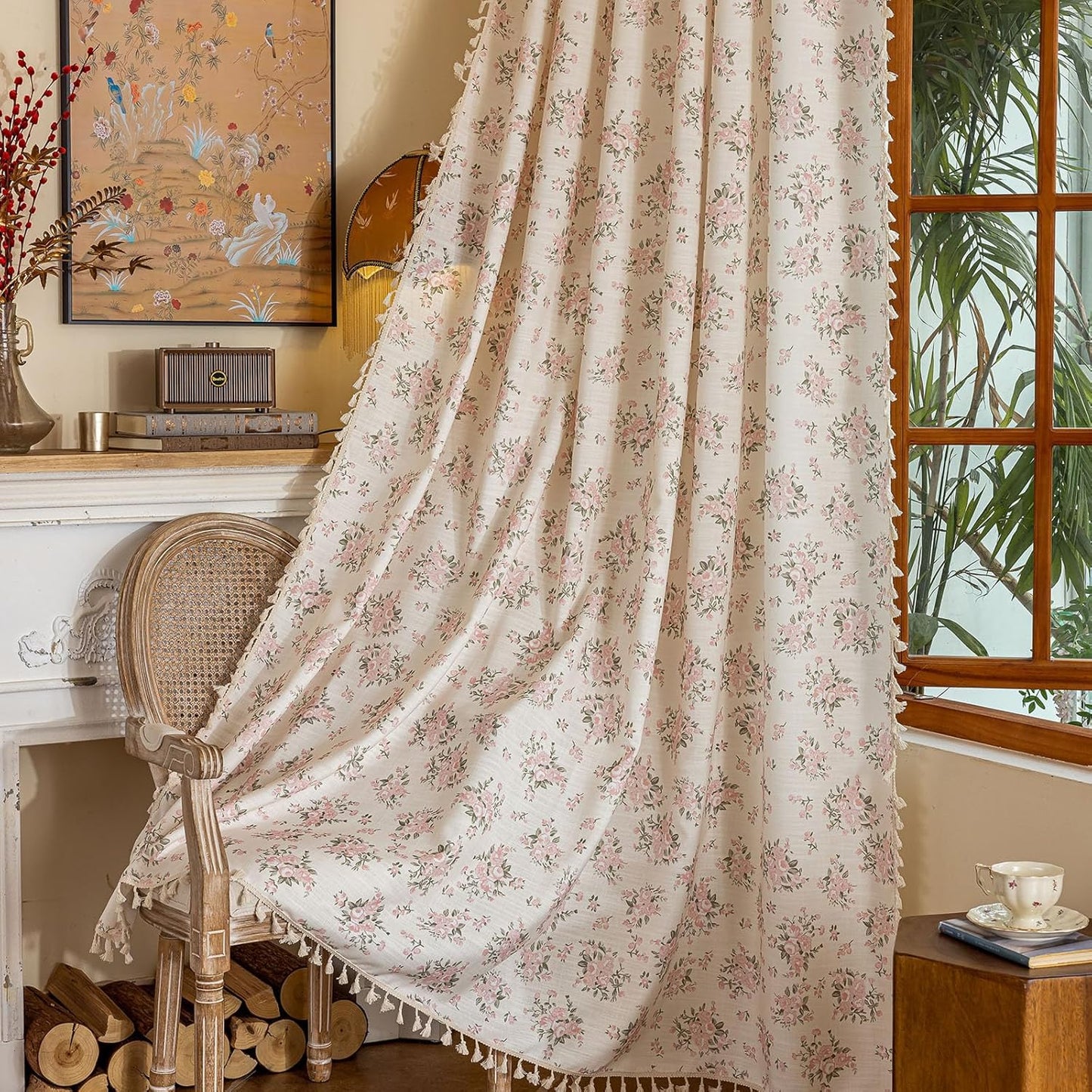 BHUSB Farmhouse Curtains for Living Room 84 Inch Length,Boho Floral Cotton Linen Window Curtains Semi-Blackout Drapes for Bedroom,Bohemian Decoration Drapes,2 Panels