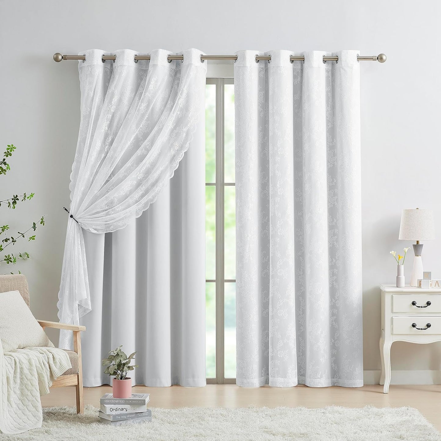 Mix and Match Curtains - Full Blackout White Drapes with Vintage Floral White Lace Panels for Bedroom 84 Inch Length Living Room Solid Thermal Insulated 4 Piece Curtain Set, Grommet Top, 52" W