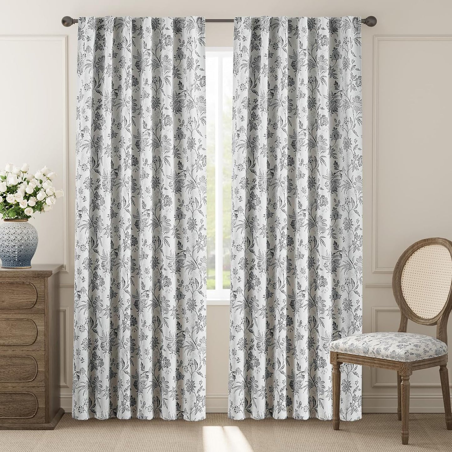 jinchan Blackout Floral Curtains for Bedroom, 96 Inches Long Printed Flower Black Out Curtains, French Country Back Tab Sage Green Window Treatment Farmhouse Drapes Set 2 Panels Green
