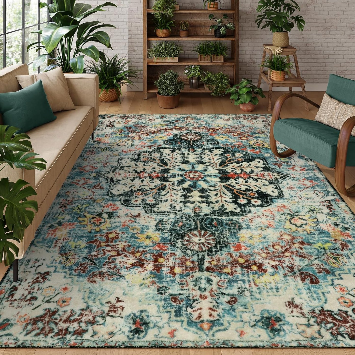 Lahome Bohemian Floral Medallion Round Rug - 4Ft Soft Bedroom Area Rug Oriental Distressed Washable Entryway Foyer Throw Mat Non-Slip Door Carpet for Dining Living Room Bedside Nursery, Orange/Multi