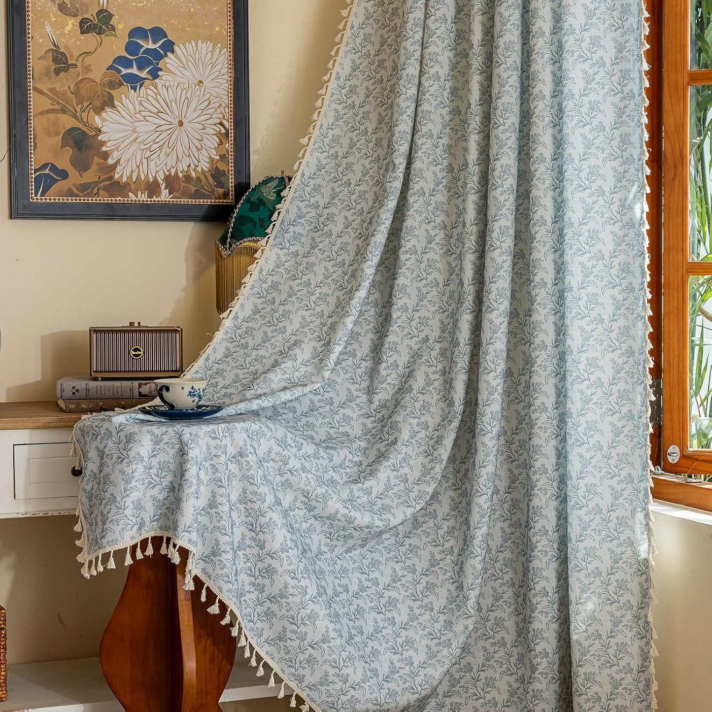 BHUSB Farmhouse Curtains for Living Room 84 Inch Length,Boho Floral Cotton Linen Window Curtains Semi-Blackout Drapes for Bedroom,Bohemian Decoration Drapes,2 Panels