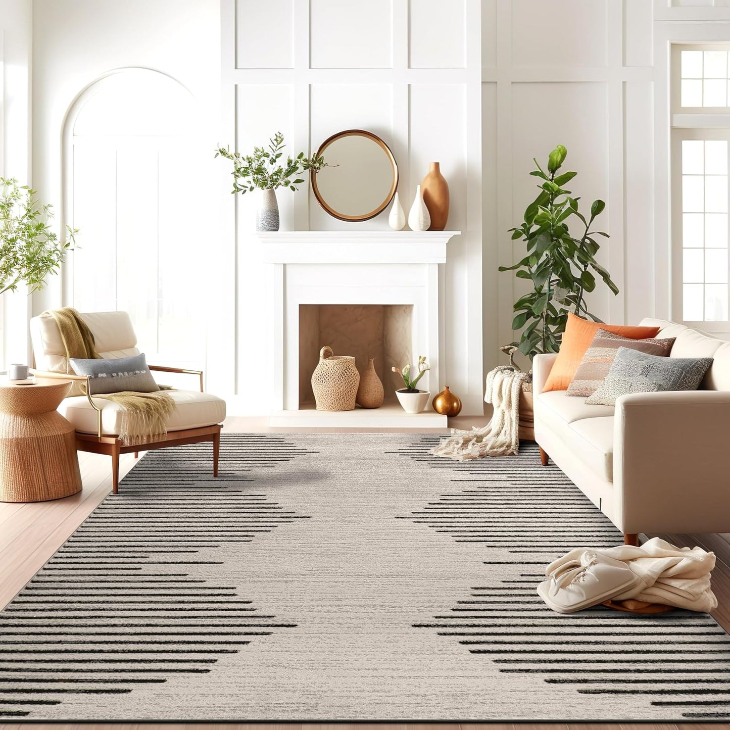 Rugshop Bohemian Stripe Stain Resistant High Traffic Living Room Kitchen Bedroom Dining Home Office Round Rug 8' Cream