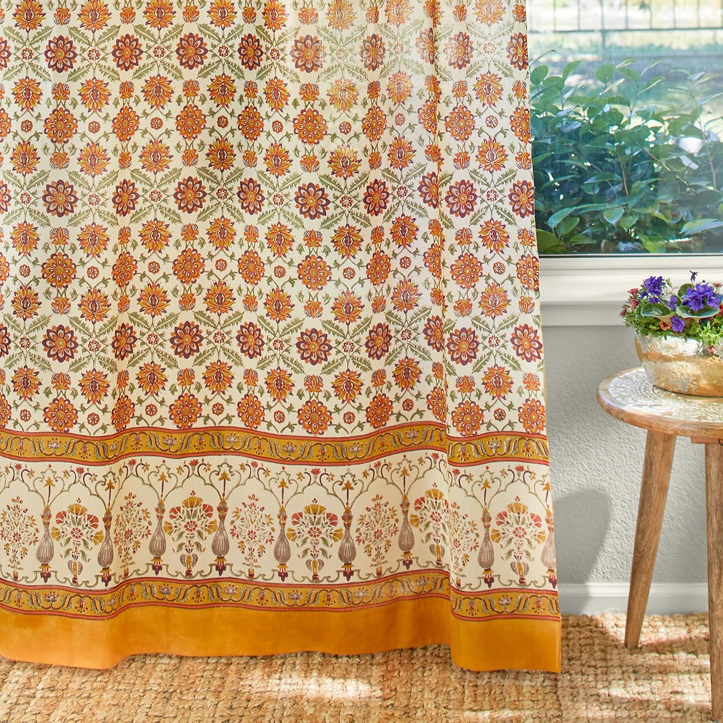White Sheer Curtain Panel with Tieback, Ivy Lace Leaf Design Tab Top for Light Filtering & Privacy 100% Cotton Voile Hand Block Printed 44 x 84 Inches