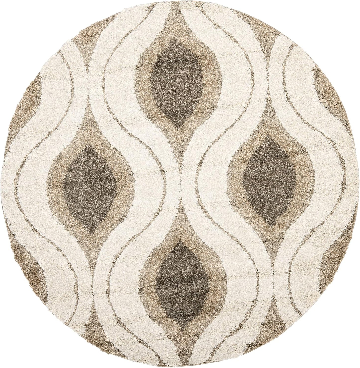 SAFAVIEH Florida Shag Collection Area Rug - 6'7" Round, Cream & Smoke, Modern Ogee Design, Non-Shedding & Easy Care, 1.2-inch Thick Ideal for High Traffic Areas in Living Room, Bedroom (SG461-1179)