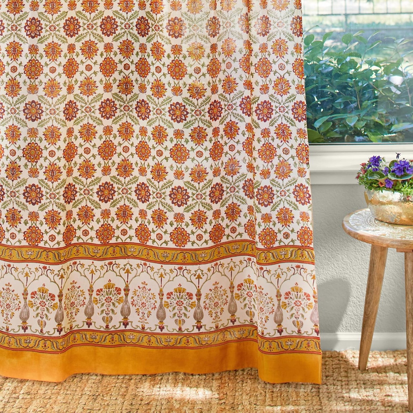 White Sheer Curtain Panel with Tieback, Ivy Lace Leaf Design Tab Top for Light Filtering & Privacy 100% Cotton Voile Hand Block Printed 44 x 84 Inches