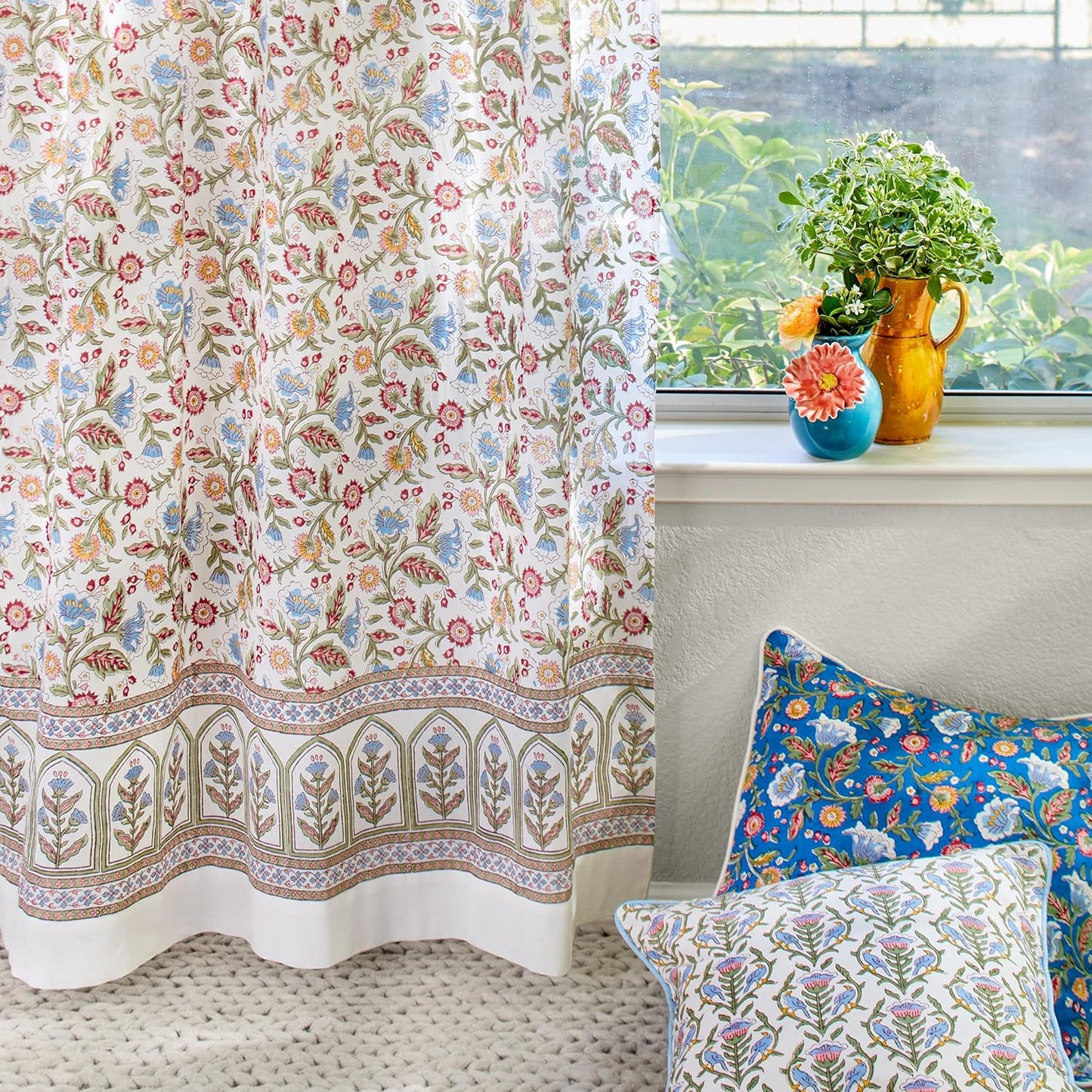 White Sheer Curtain Panel with Tieback, Ivy Lace Leaf Design Tab Top for Light Filtering & Privacy 100% Cotton Voile Hand Block Printed 44 x 84 Inches