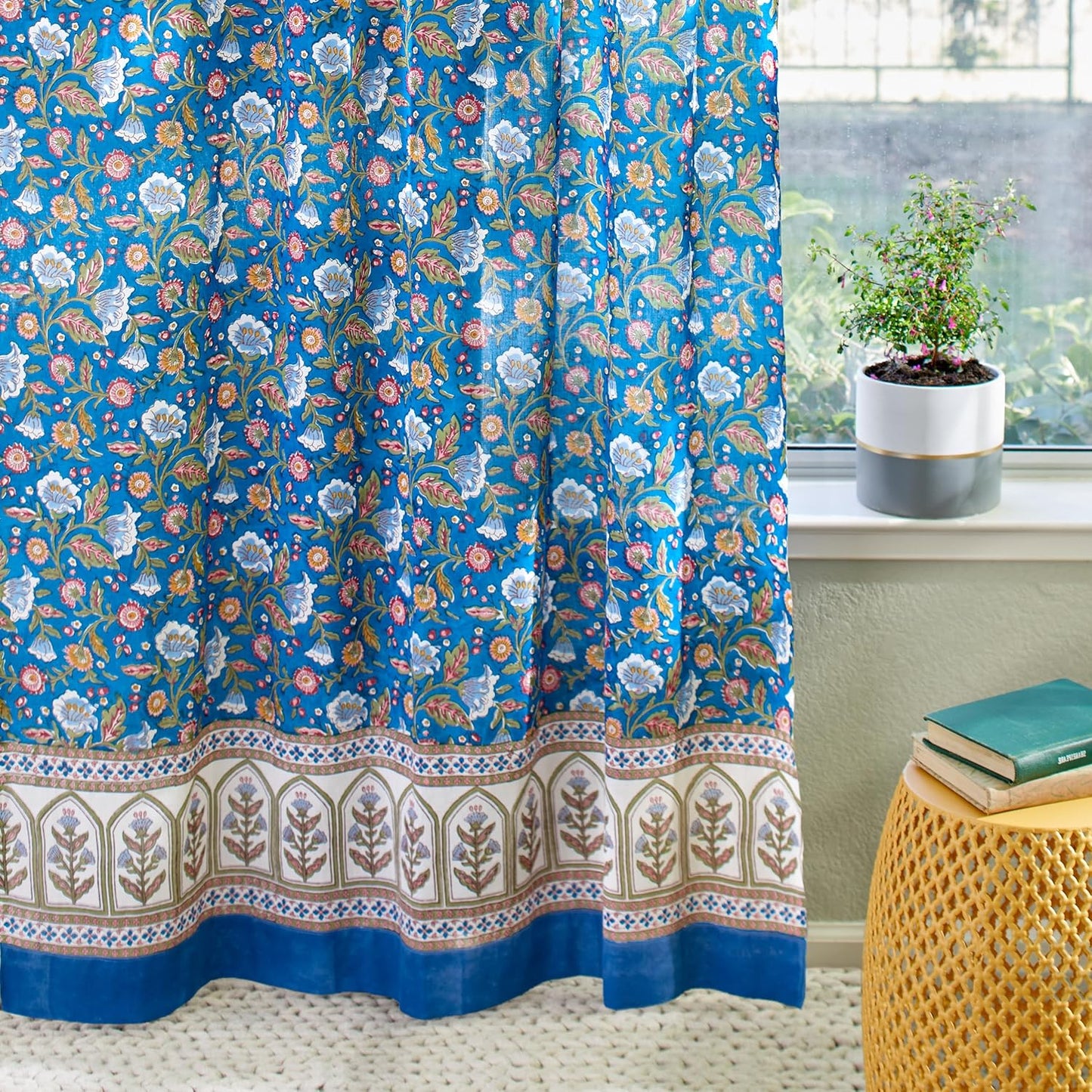 White Sheer Curtain Panel with Tieback, Ivy Lace Leaf Design Tab Top for Light Filtering & Privacy 100% Cotton Voile Hand Block Printed 44 x 84 Inches