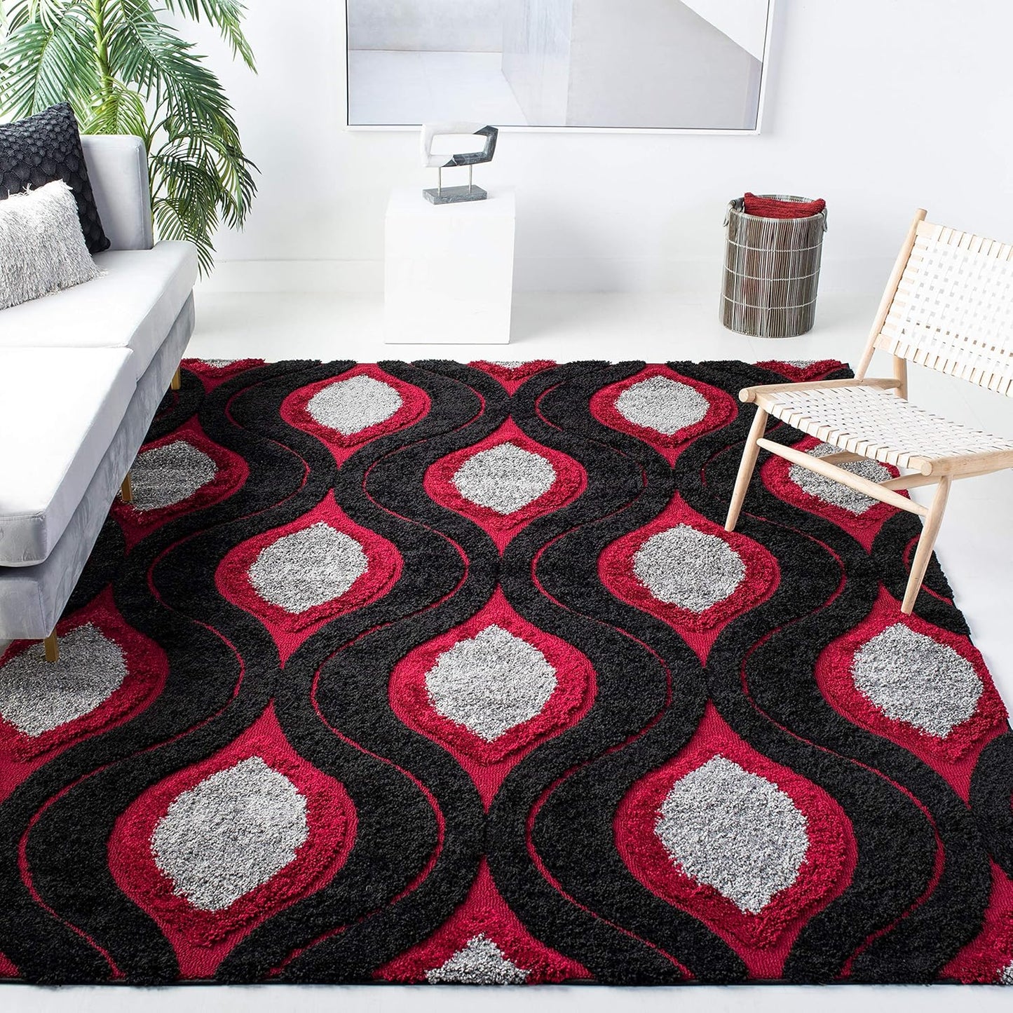 SAFAVIEH Florida Shag Collection Area Rug - 6'7" Round, Cream & Smoke, Modern Ogee Design, Non-Shedding & Easy Care, 1.2-inch Thick Ideal for High Traffic Areas in Living Room, Bedroom (SG461-1179)