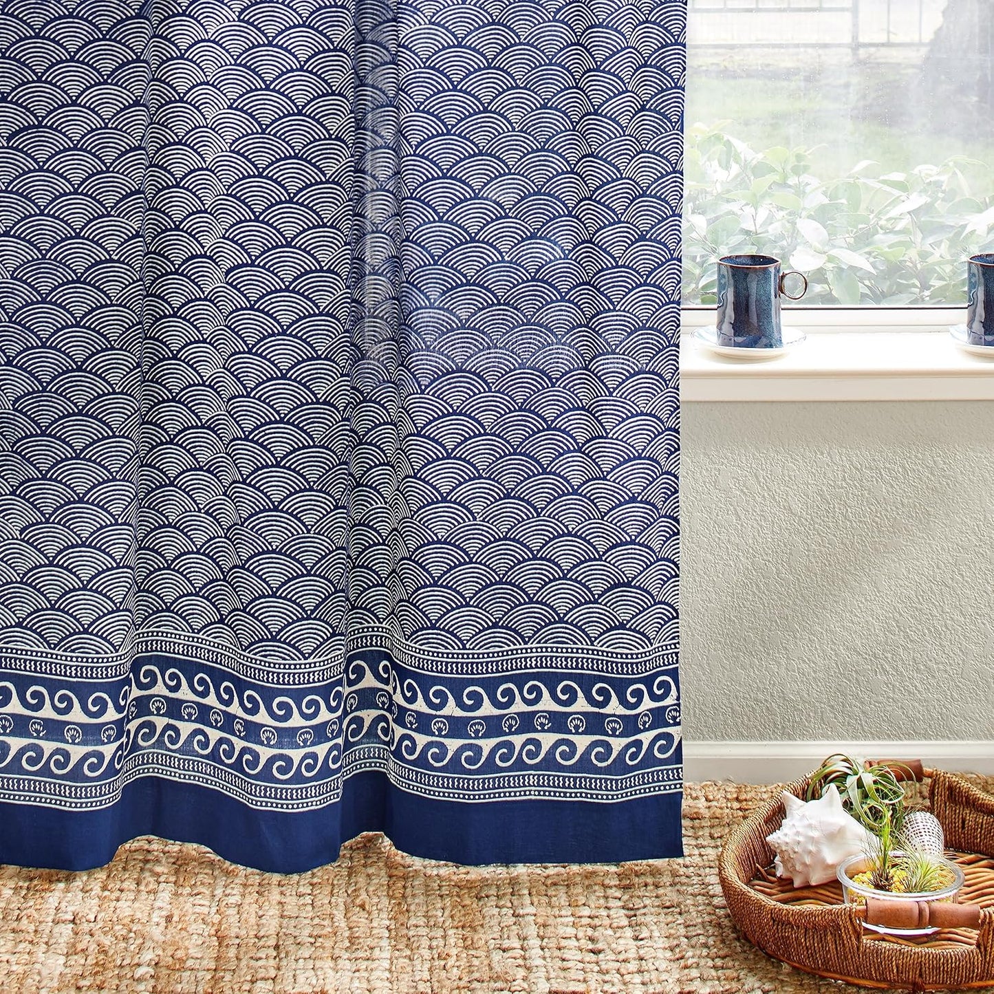 White Sheer Curtain Panel with Tieback, Ivy Lace Leaf Design Tab Top for Light Filtering & Privacy 100% Cotton Voile Hand Block Printed 44 x 84 Inches