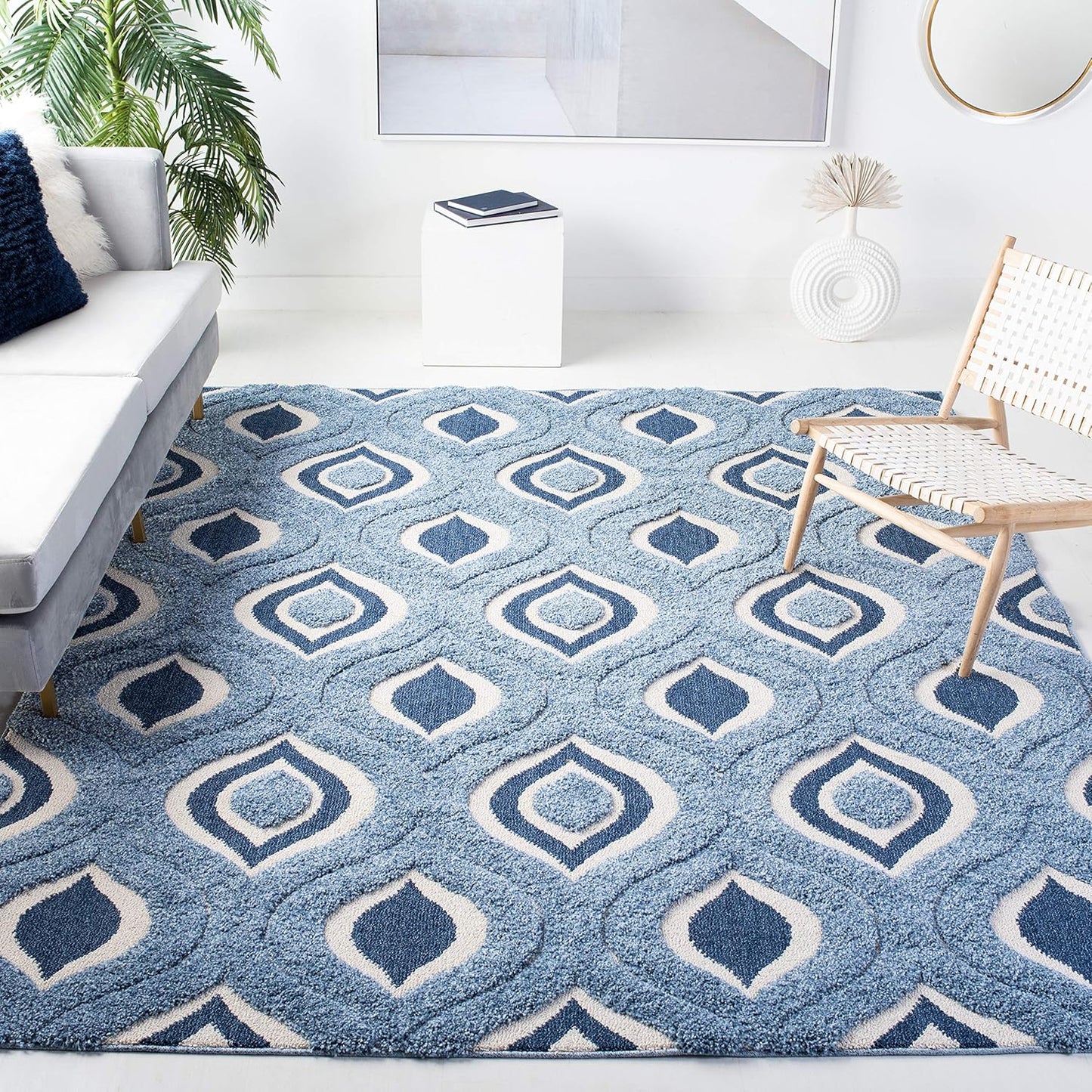 SAFAVIEH Florida Shag Collection Area Rug - 6'7" Round, Cream & Smoke, Modern Ogee Design, Non-Shedding & Easy Care, 1.2-inch Thick Ideal for High Traffic Areas in Living Room, Bedroom (SG461-1179)