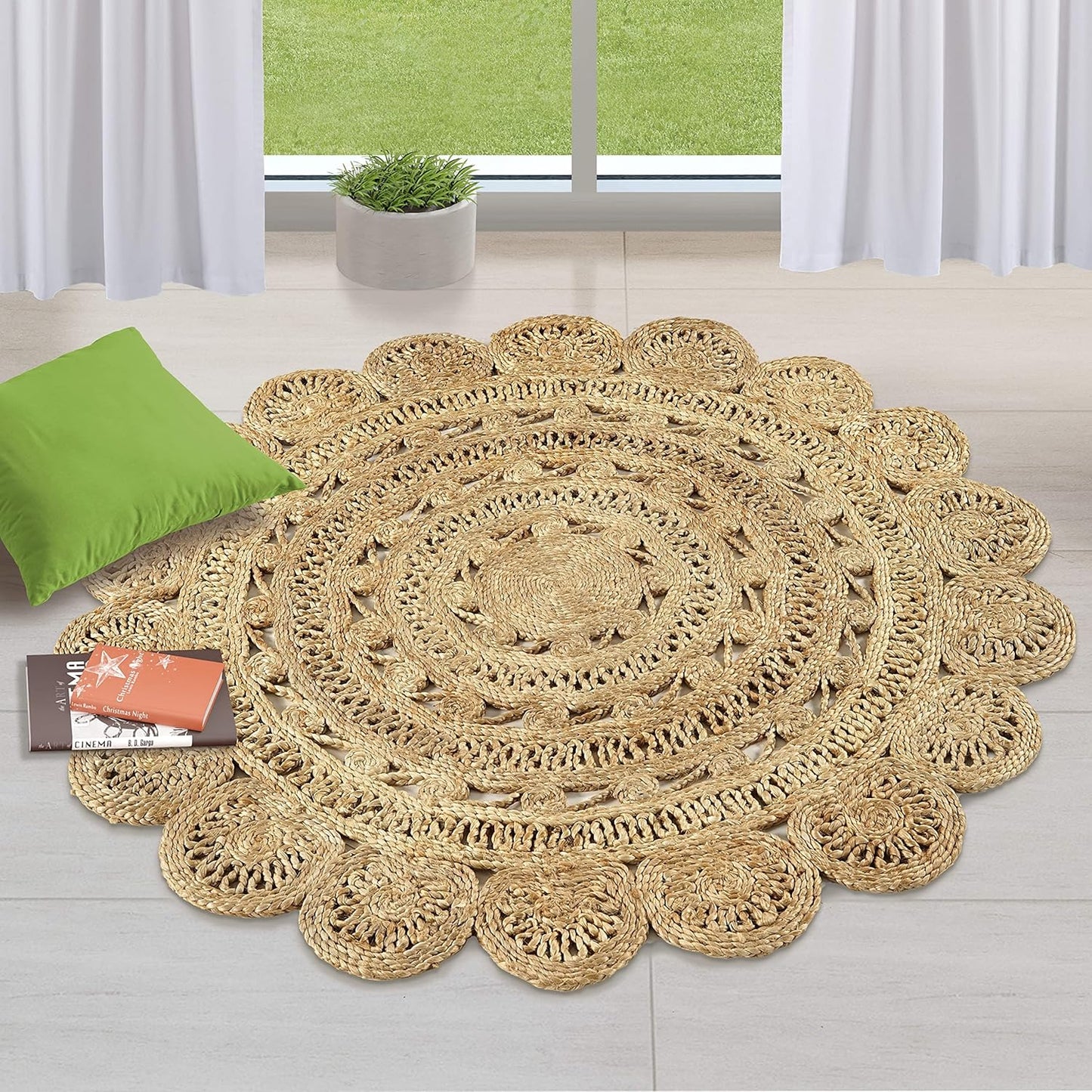 GRUHUM Round Jute Area Rug 9ft Natural Fiber Multicolour Handmade Boho Charm Farmhouse Soft Braided Rustic Vintage Rug for Indoor Kitchen Bedroom Living Room Hallways Enterways(9' feet Round)