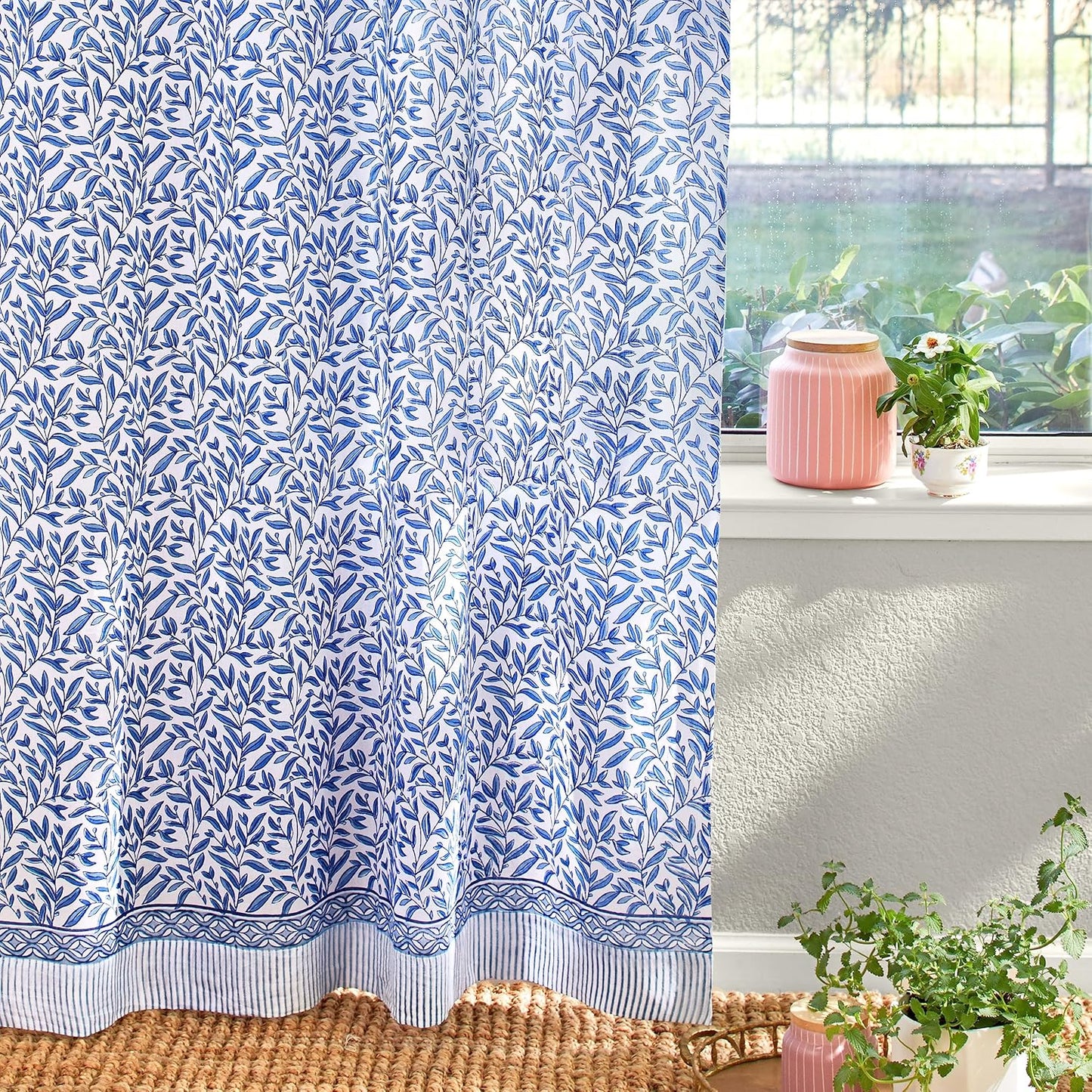 White Sheer Curtain Panel with Tieback, Ivy Lace Leaf Design Tab Top for Light Filtering & Privacy 100% Cotton Voile Hand Block Printed 44 x 84 Inches