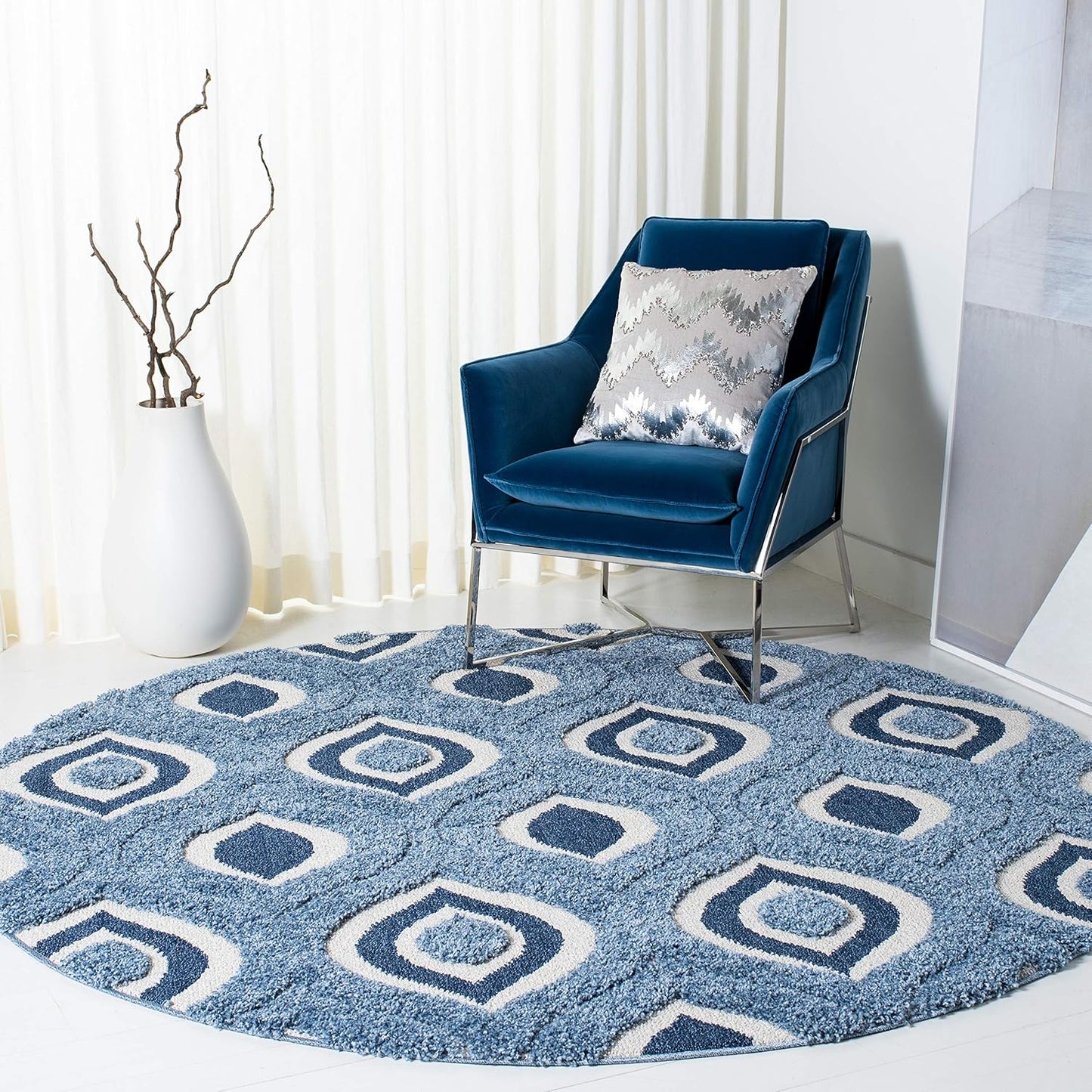 SAFAVIEH Florida Shag Collection Area Rug - 6'7" Round, Cream & Smoke, Modern Ogee Design, Non-Shedding & Easy Care, 1.2-inch Thick Ideal for High Traffic Areas in Living Room, Bedroom (SG461-1179)