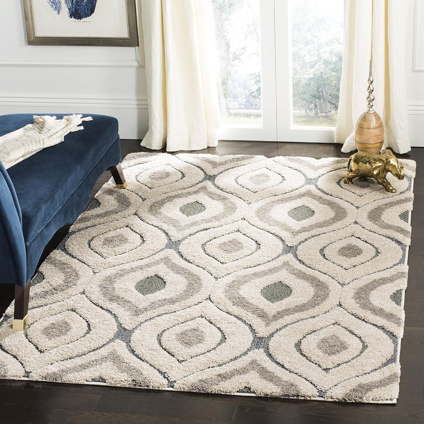 SAFAVIEH Florida Shag Collection Area Rug - 6'7" Round, Cream & Smoke, Modern Ogee Design, Non-Shedding & Easy Care, 1.2-inch Thick Ideal for High Traffic Areas in Living Room, Bedroom (SG461-1179)
