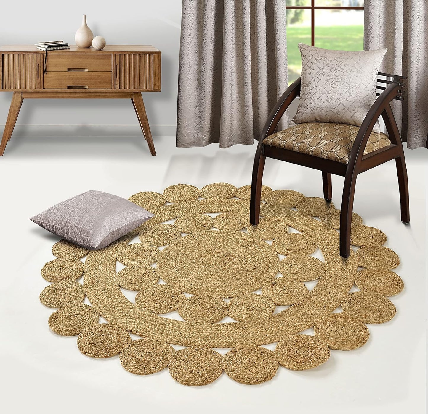 GRUHUM Round Jute Area Rug 9ft Natural Fiber Multicolour Handmade Boho Charm Farmhouse Soft Braided Rustic Vintage Rug for Indoor Kitchen Bedroom Living Room Hallways Enterways(9' feet Round)