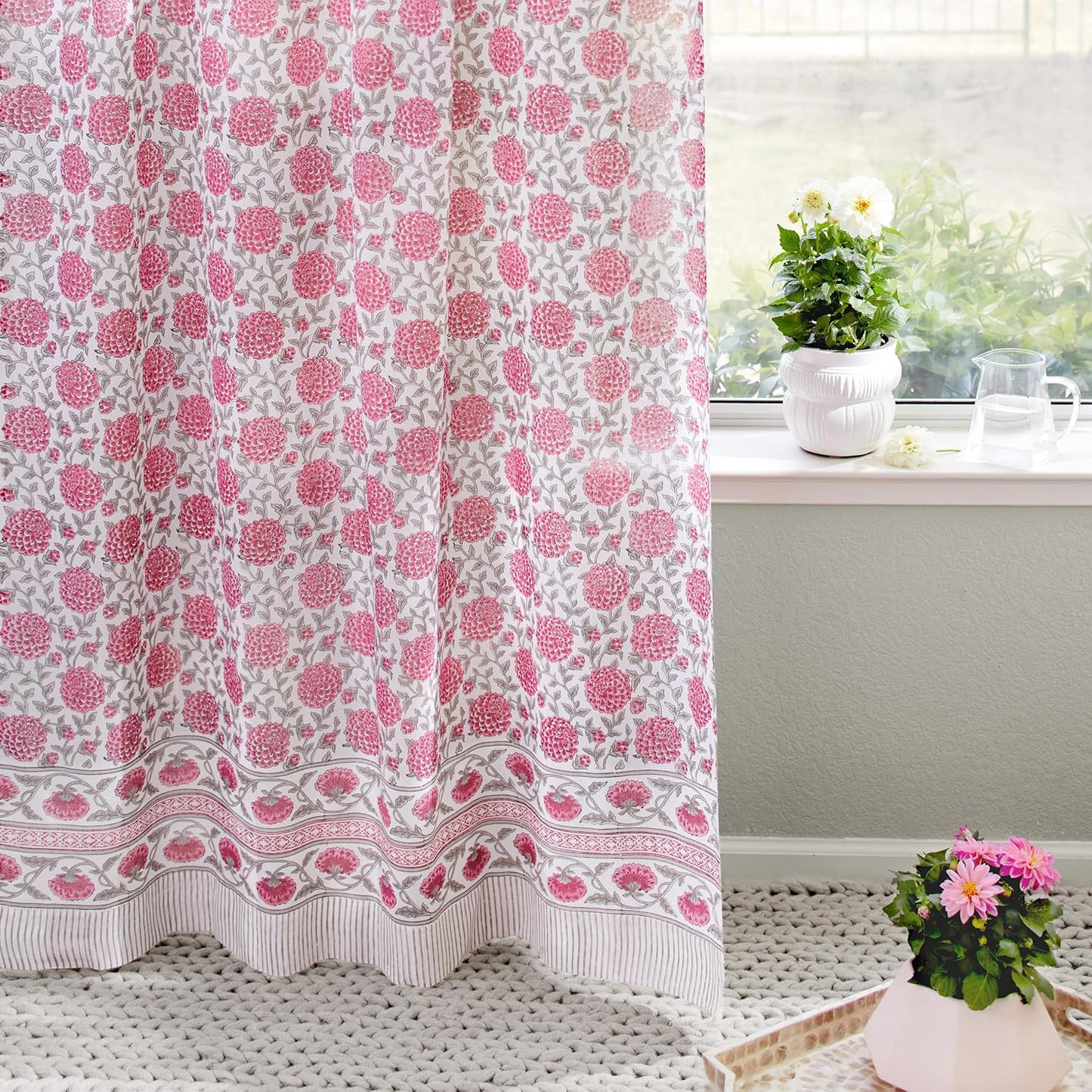 White Sheer Curtain Panel with Tieback, Ivy Lace Leaf Design Tab Top for Light Filtering & Privacy 100% Cotton Voile Hand Block Printed 44 x 84 Inches